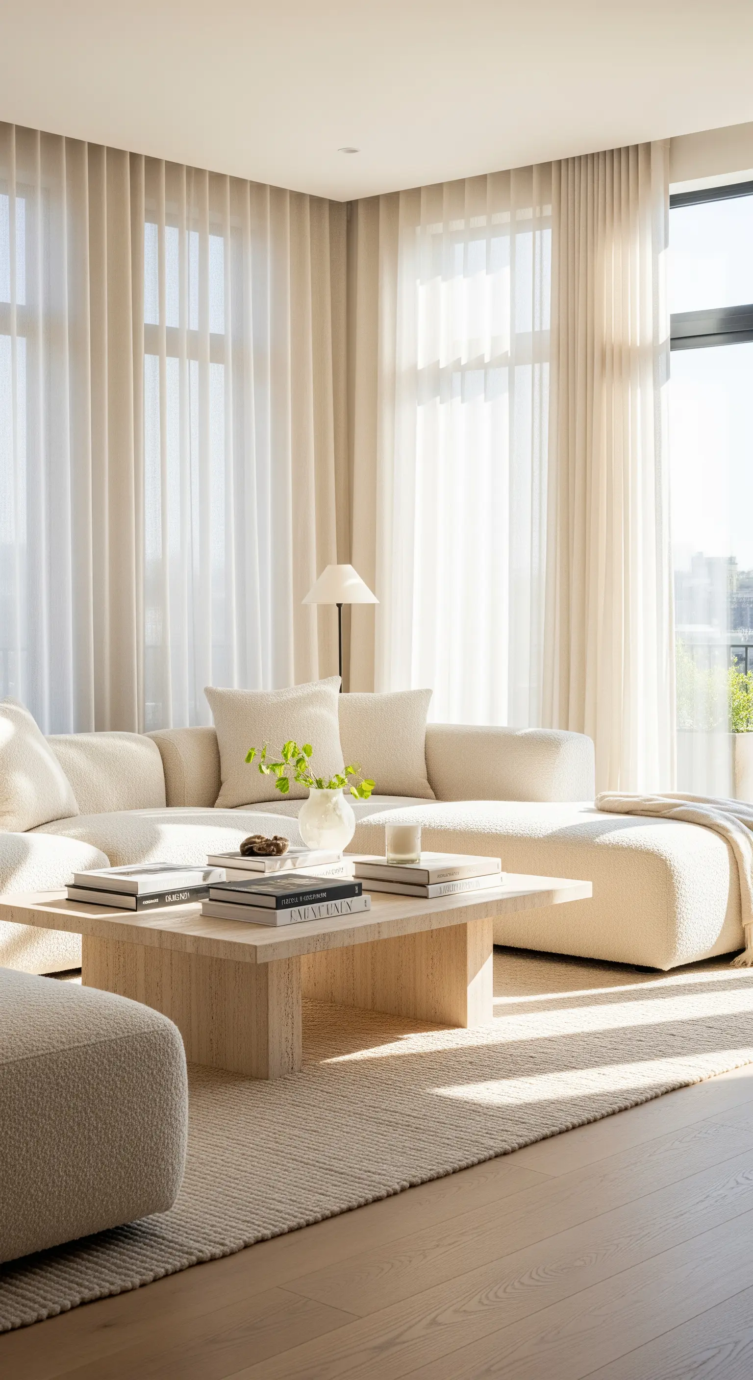 Helles Wohnzimmer mit transparenten Vorhängen, die das Sonnenlicht filtern, und einem beigen Bouclé-Sofa.