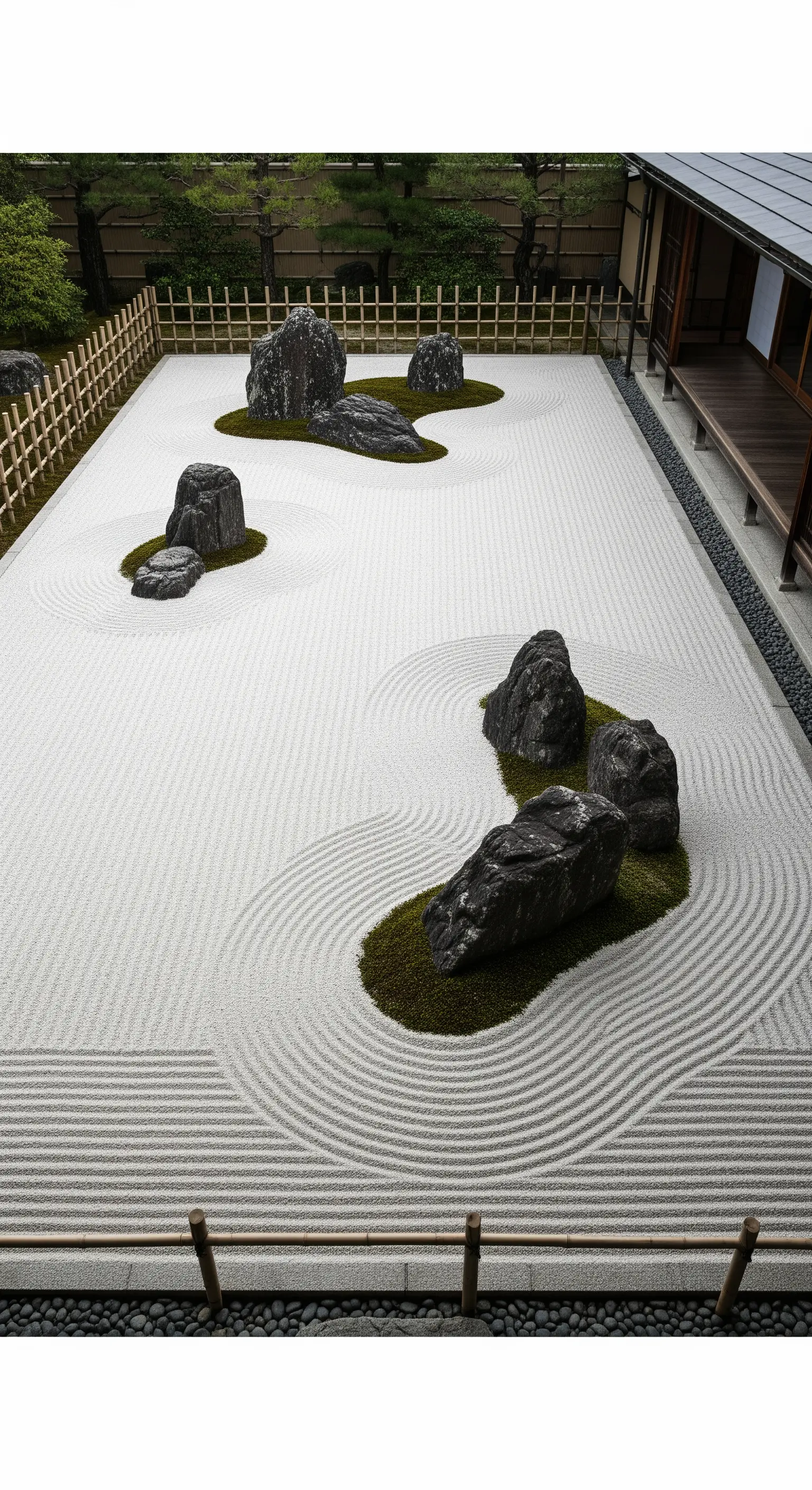 Großer japanischer Trockengarten (Karesansui) mit geharktem Sand, Felsen und Moosinseln