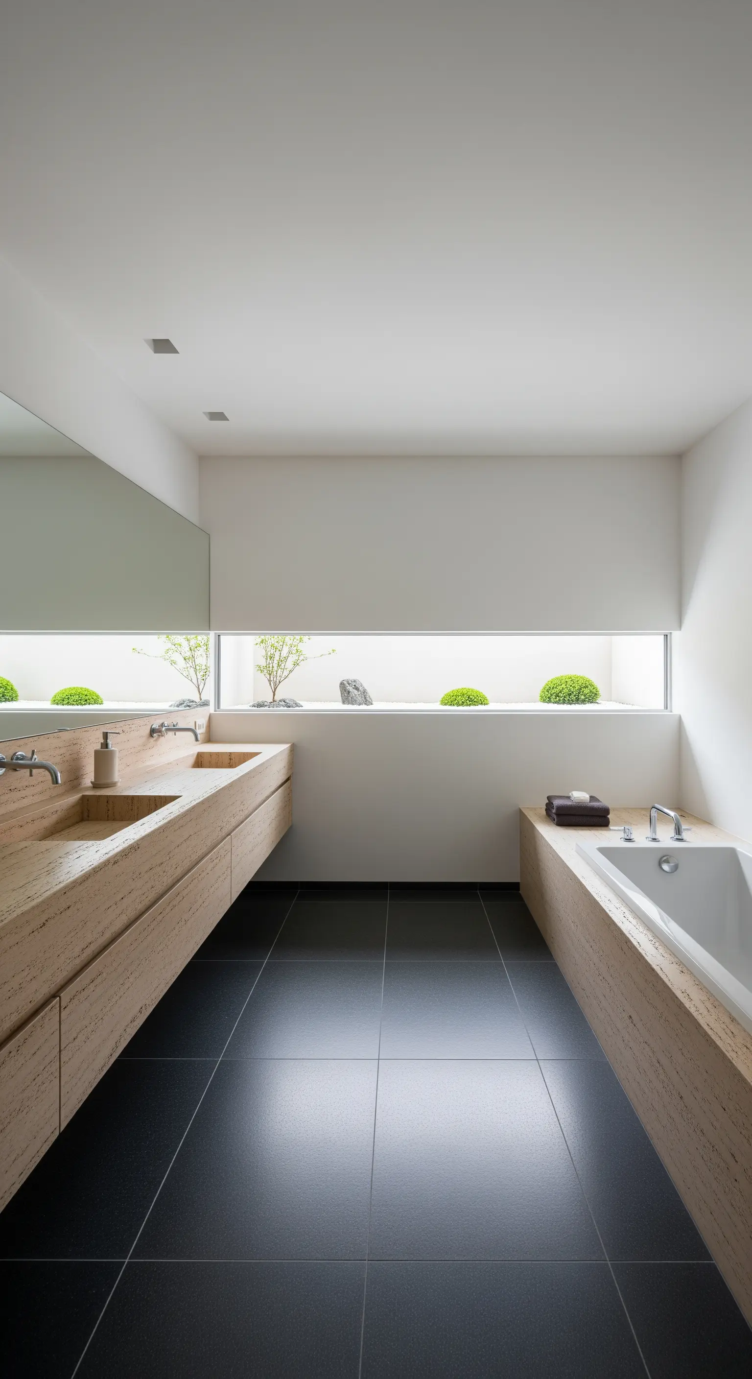 Minimalistisches Badezimmer mit langem, schmalem Fenster, das auf einen kleinen Zen-Garten blickt.