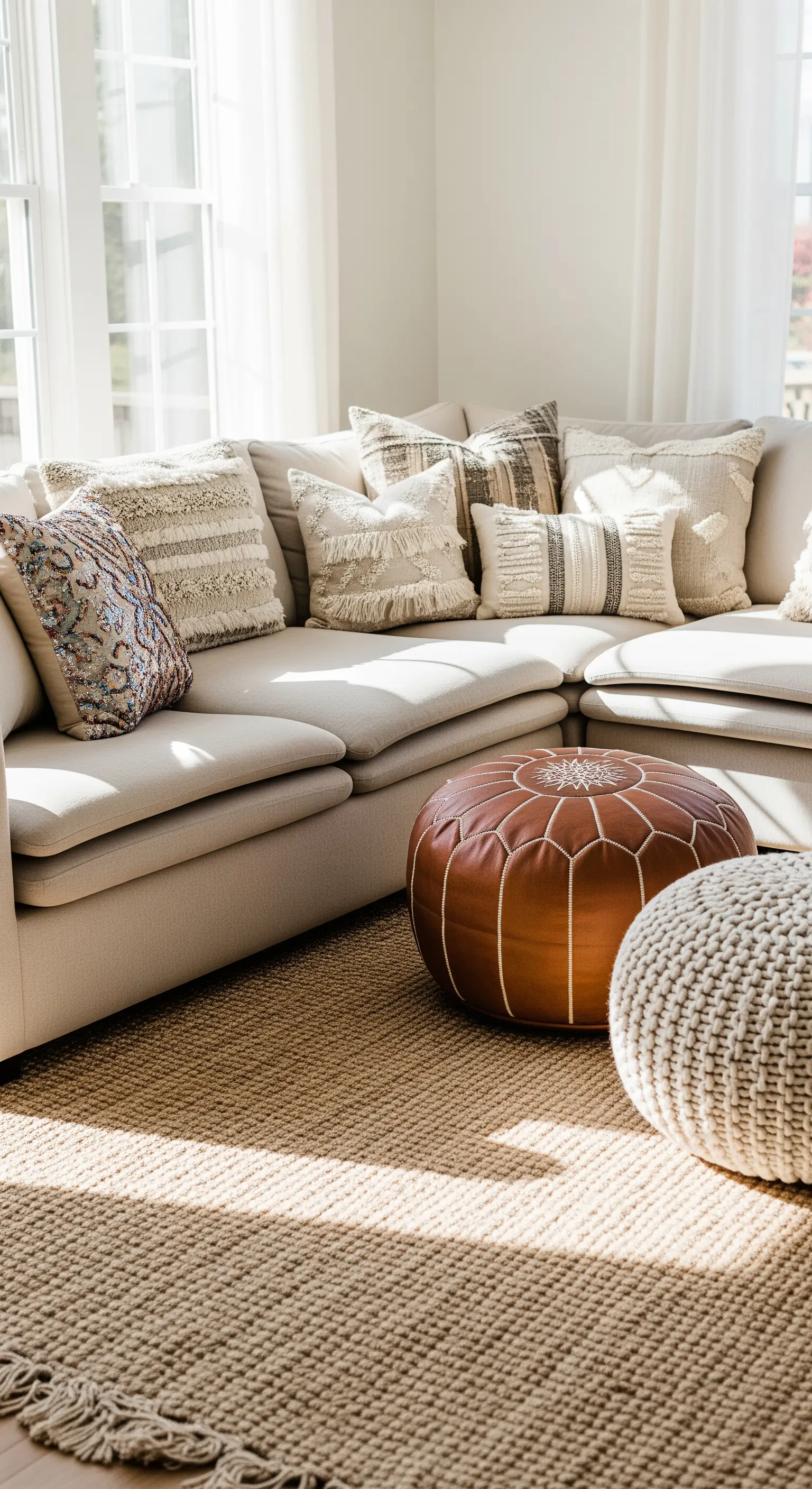 Helles Sofa mit einer Vielzahl an beigen und cremefarbenen Strukturkissen und einem Lederpouf.