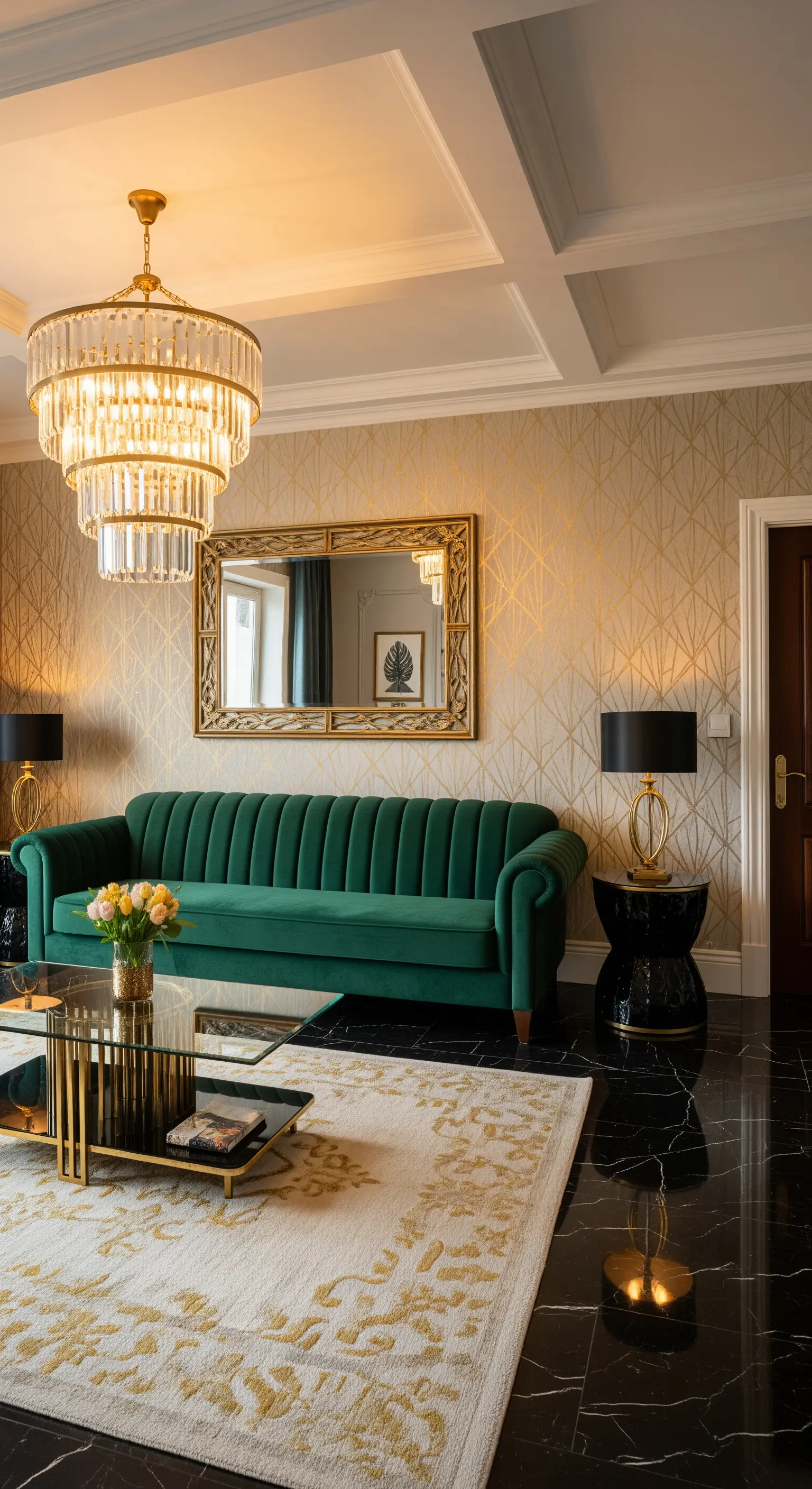 Smaragdgrünes Samtsofa mit goldenen Akzenten und Kristallleuchter in einem Art-Déco-Raum.