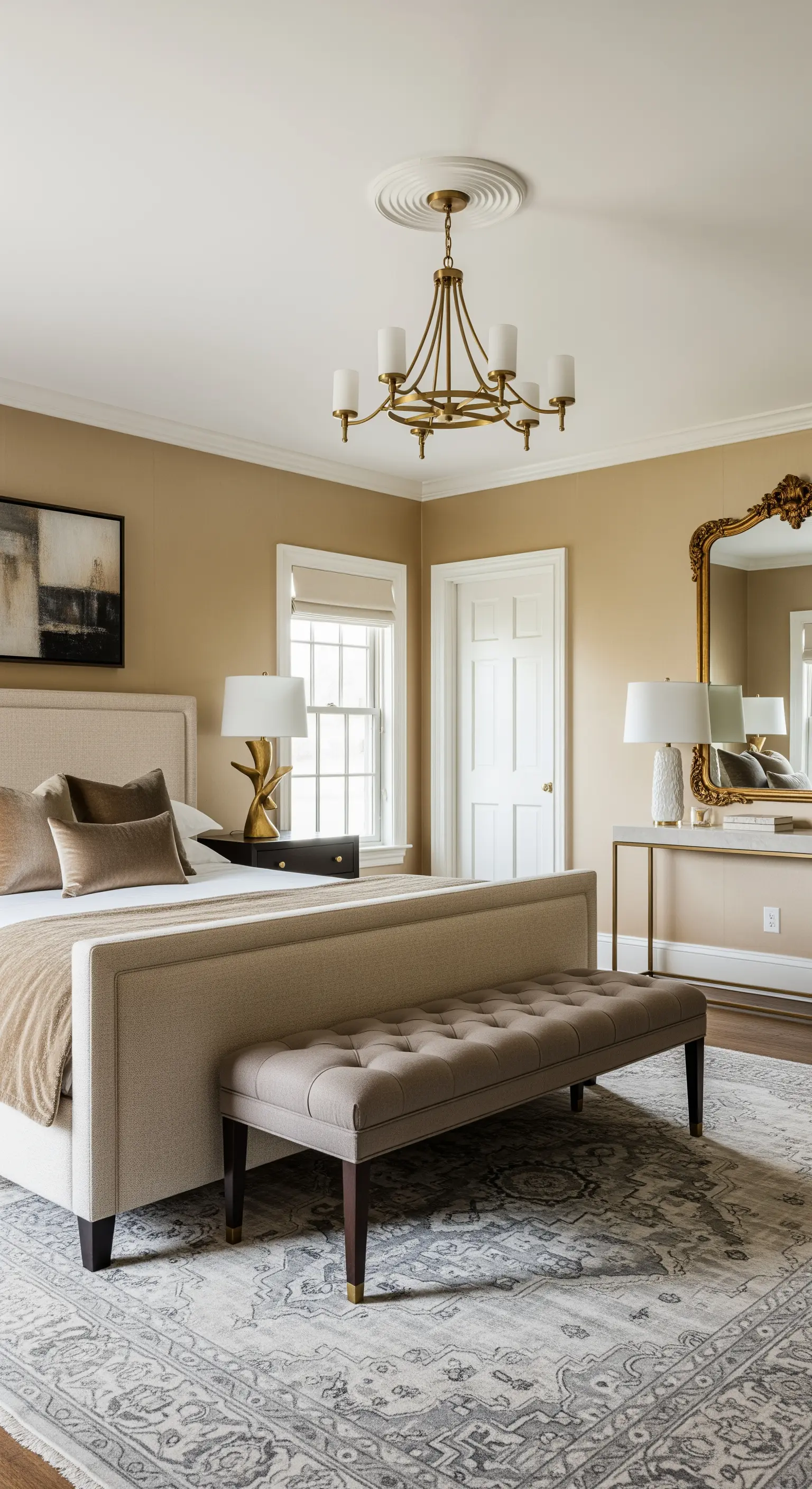 Schlafzimmer mit opulentem Goldspiegel, Leinenbett und moderner Beleuchtung.