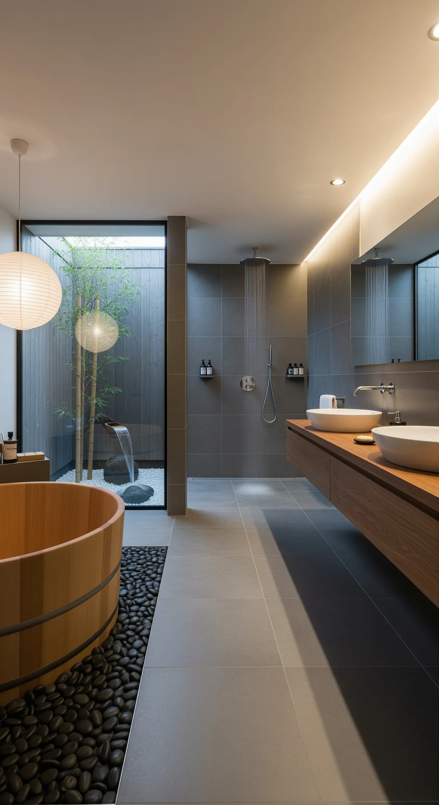 Japanisches Badezimmer mit Holzzuber, Kieselsteinen und kleinem Bambusgarten.