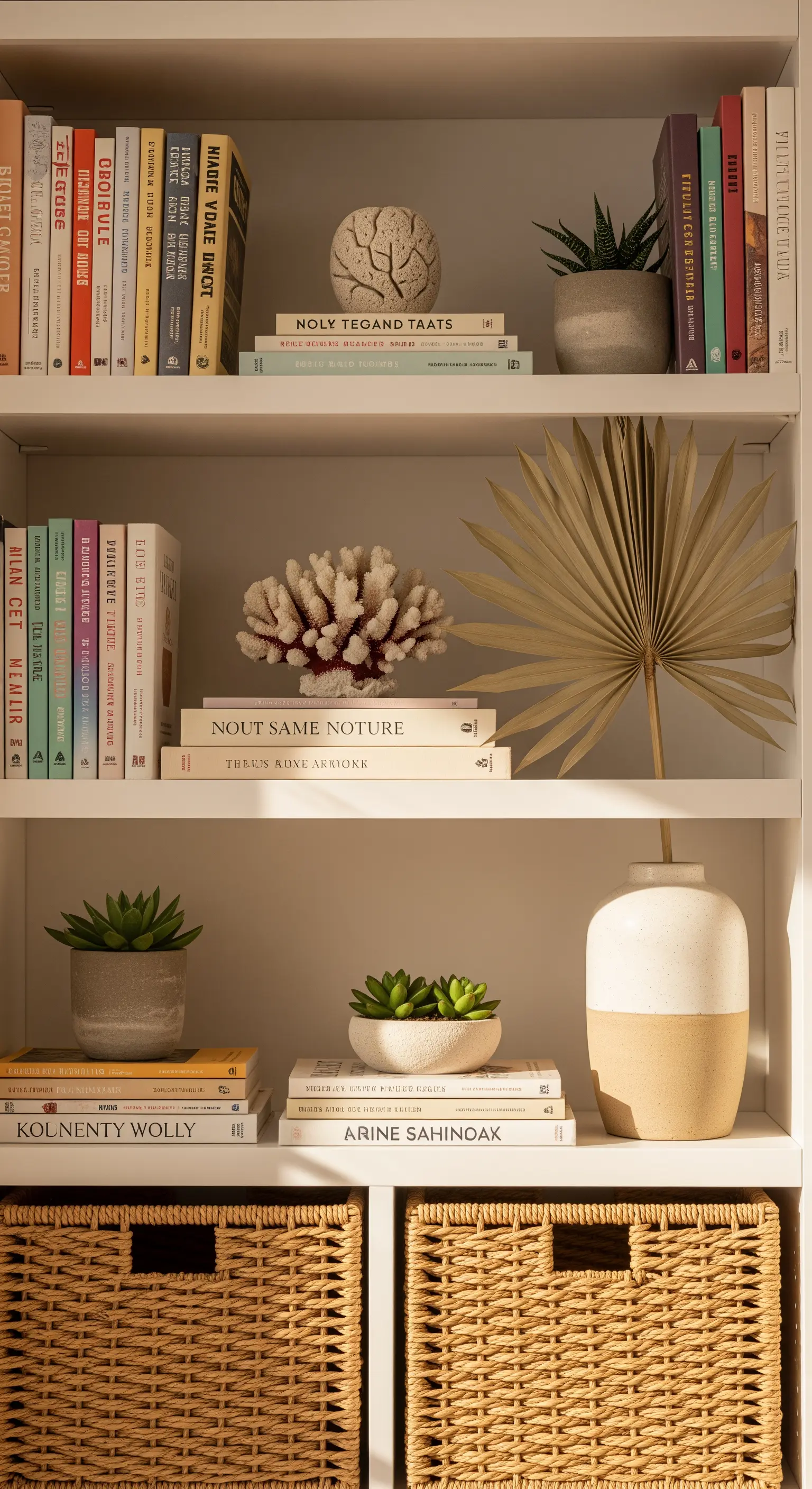 Gestyltes Bücherregal mit Korallen, Pflanzen und Körben