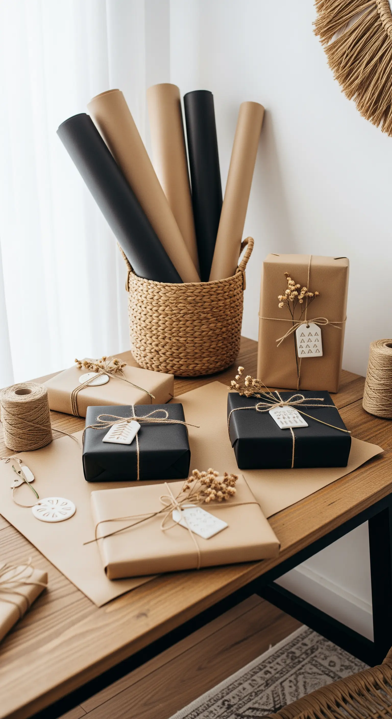 Nachhaltig verpackte Geschenke mit Packpapier, Jute und Trockenblumen