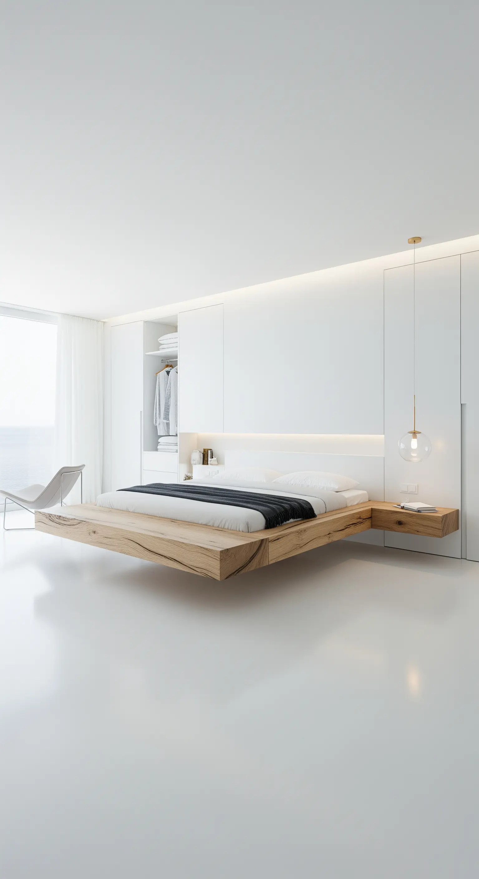 Minimalistisches weißes Schlafzimmer mit einem schwebenden Holzbett.