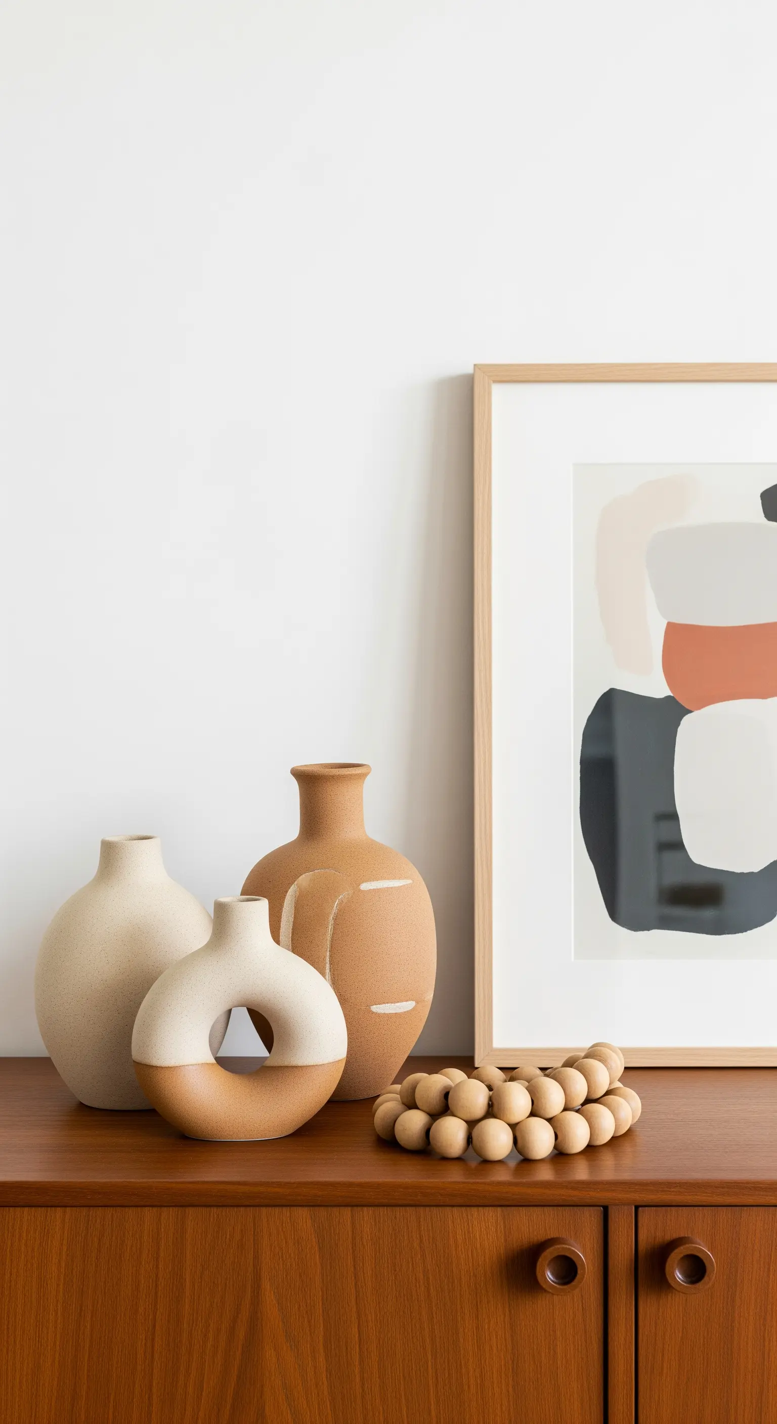 Deko-Stillleben auf einer Holzkommode mit Keramikvasen und abstraktem Bild.