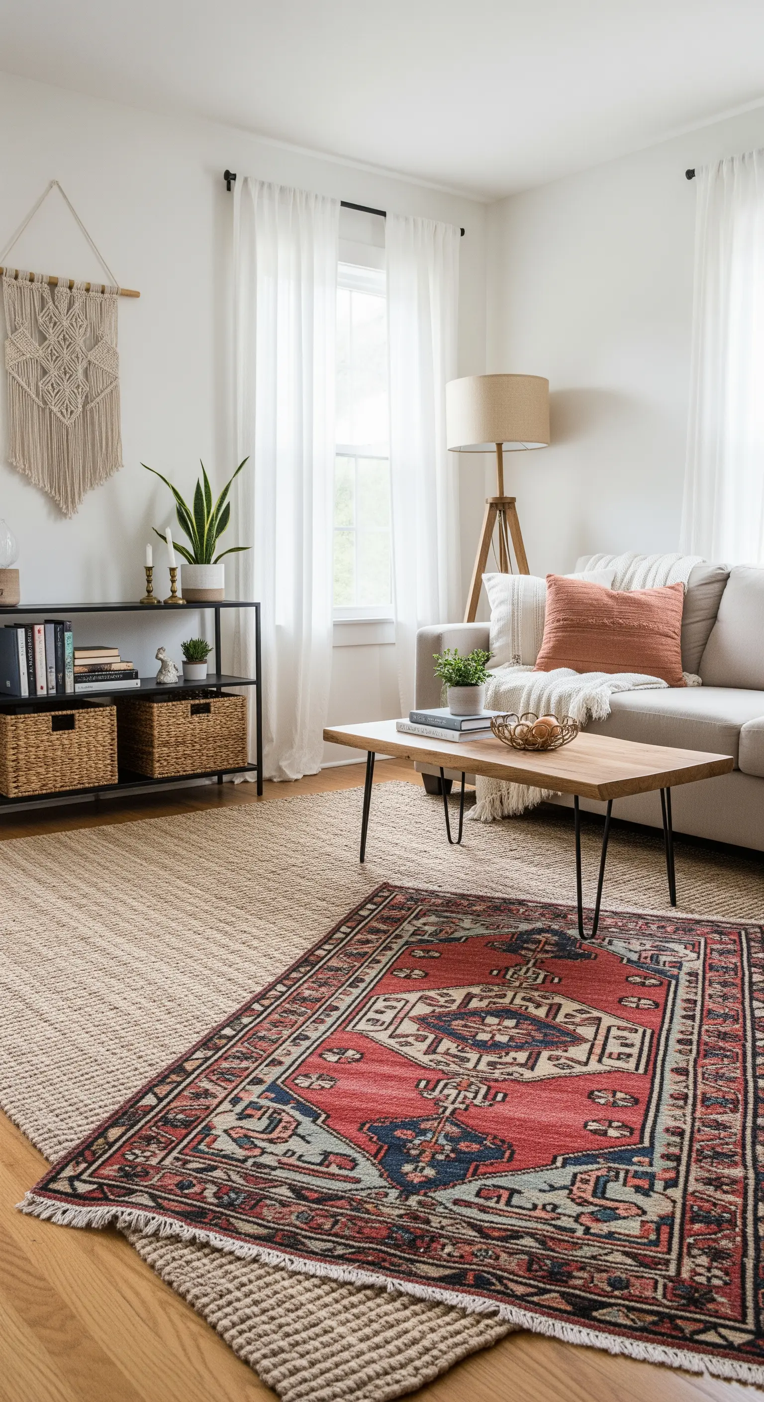 Wohnbereich mit zwei übereinanderliegenden Teppichen: ein großer aus Jute, ein kleiner mit Muster.