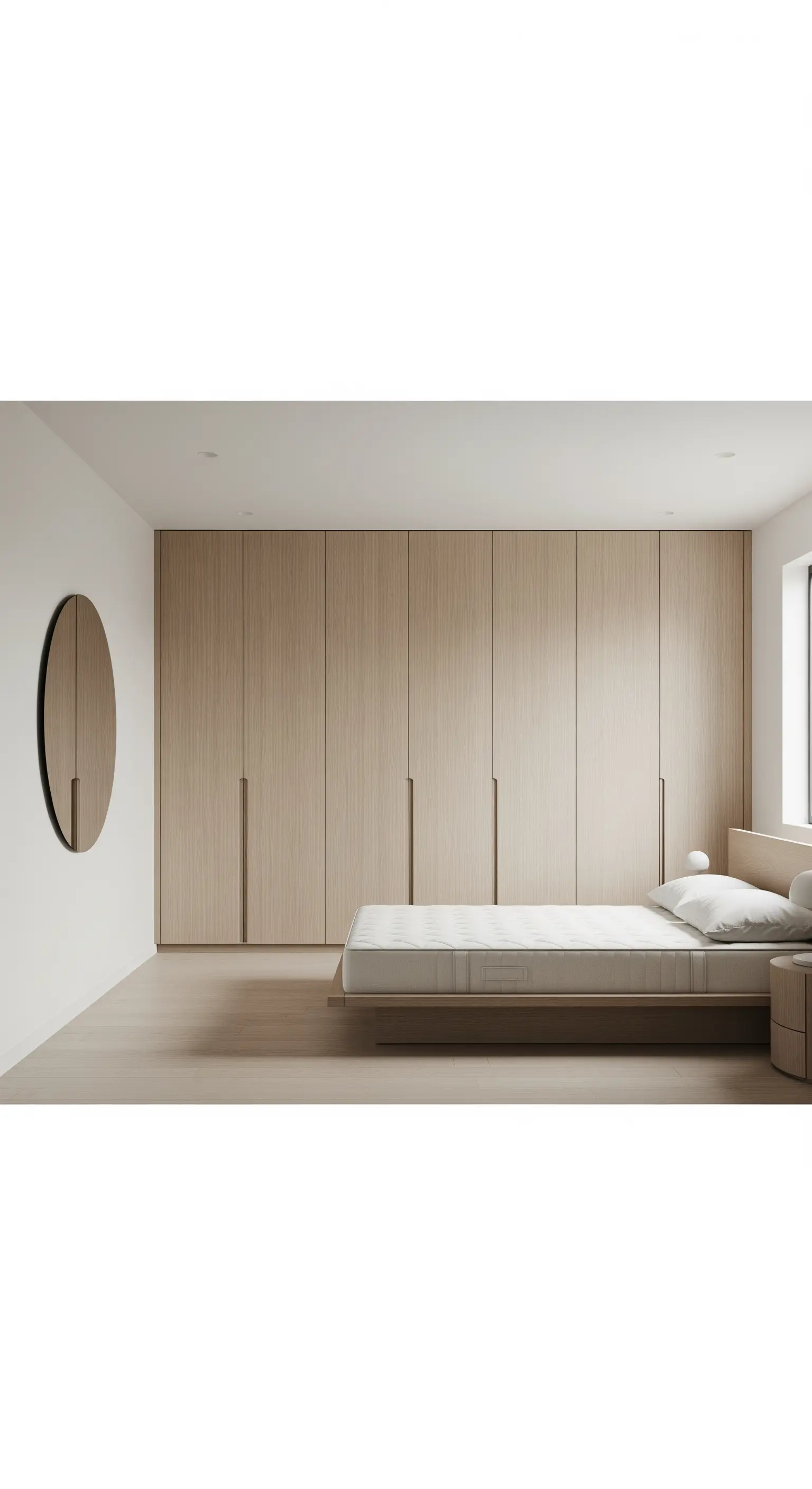 Minimalistisches Schlafzimmer mit einer raumhohen, grifflosen Holzschrankwand.