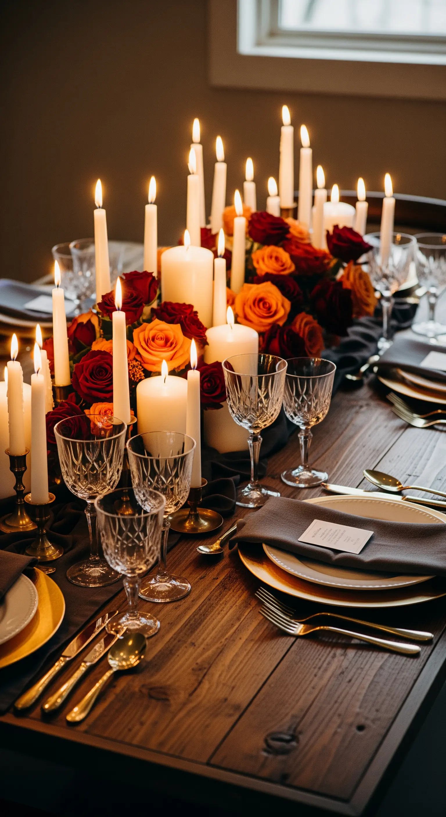 Tischdeko mit vielen Kerzen in unterschiedlichen Höhen und roten Rosen.