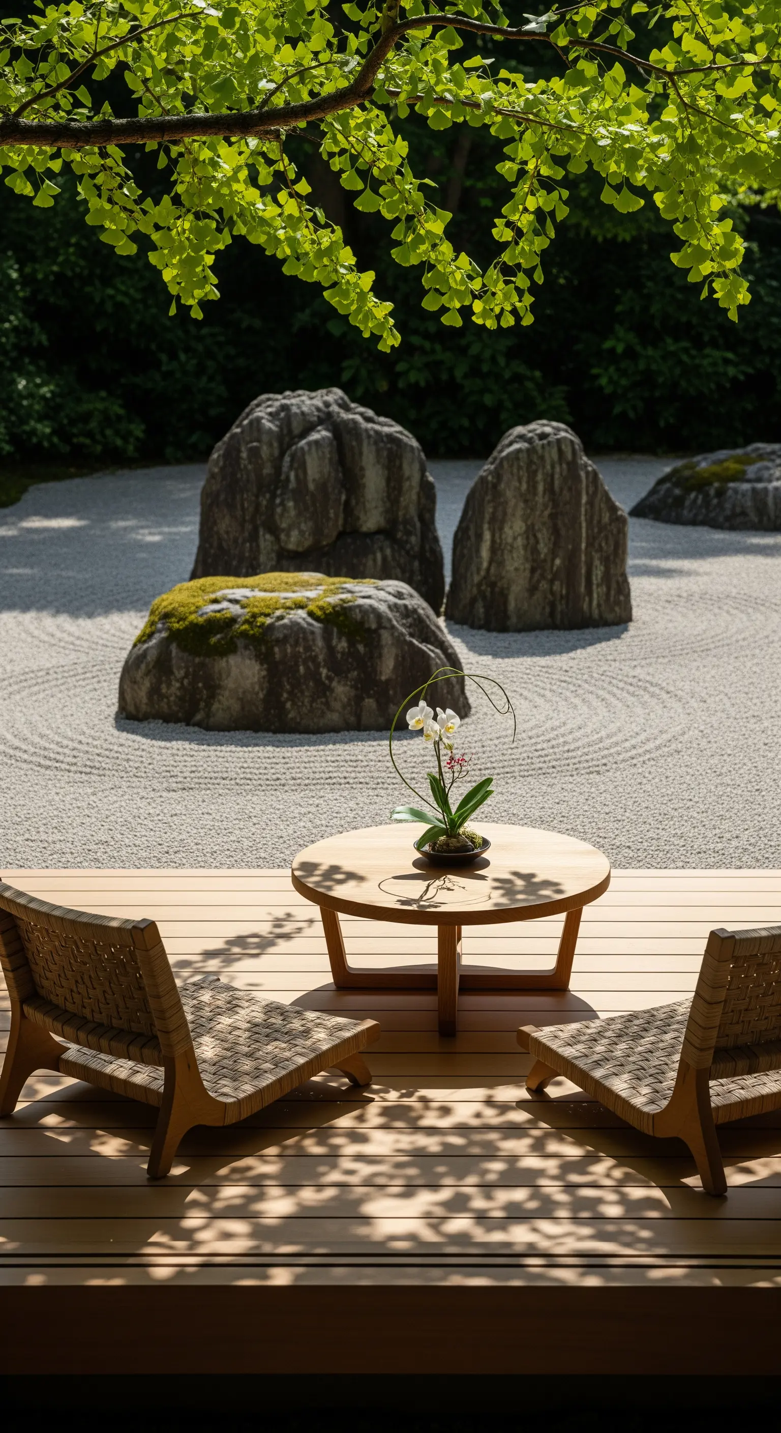 Teeecke auf Holzdeck mit Blick auf einen japanischen Zen-Garten mit geharktem Sand