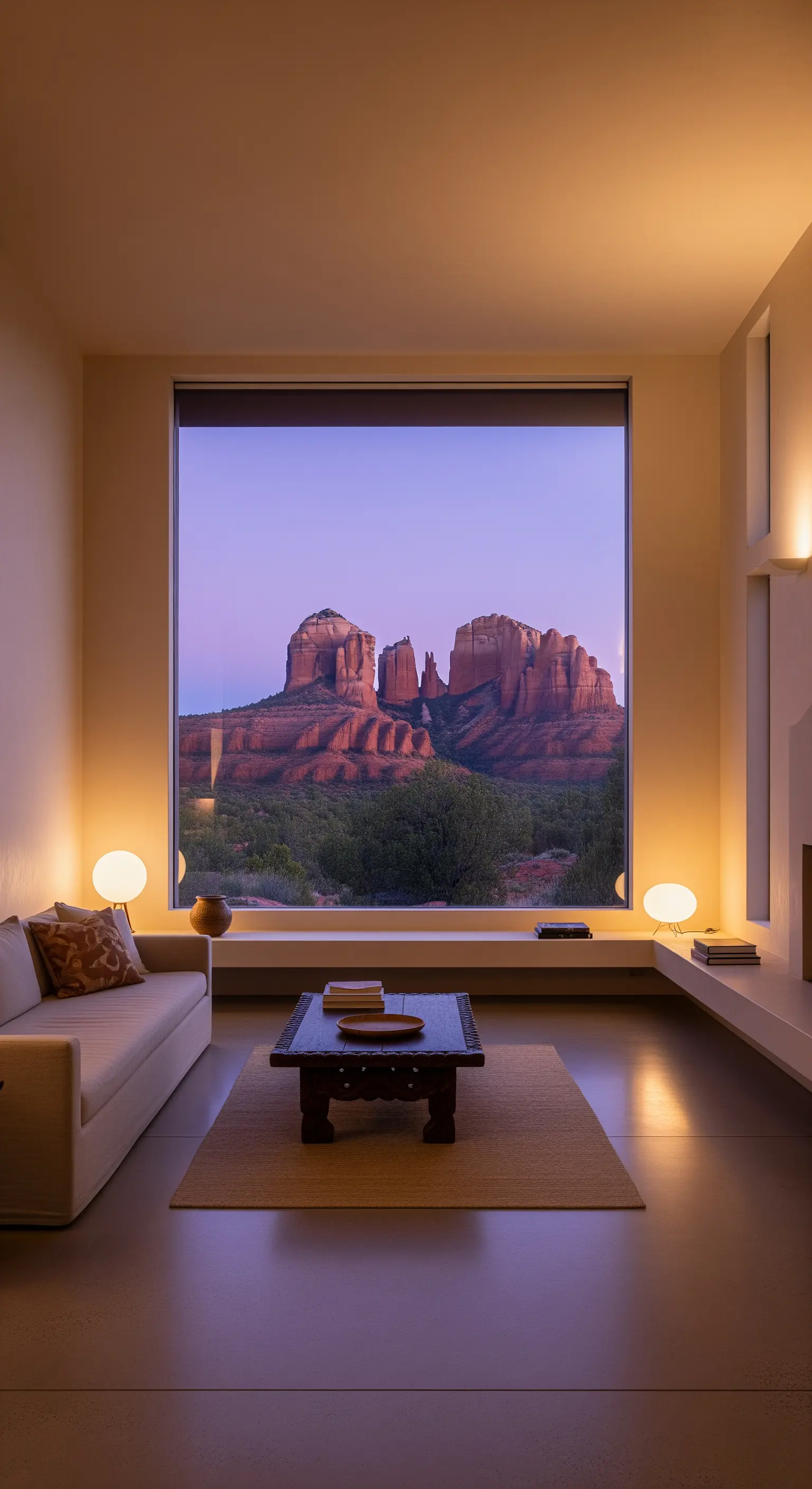 Minimalistisches Wohnzimmer mit bodentiefem Fenster, das auf eine rote Felslandschaft in der Dämmerung blickt.