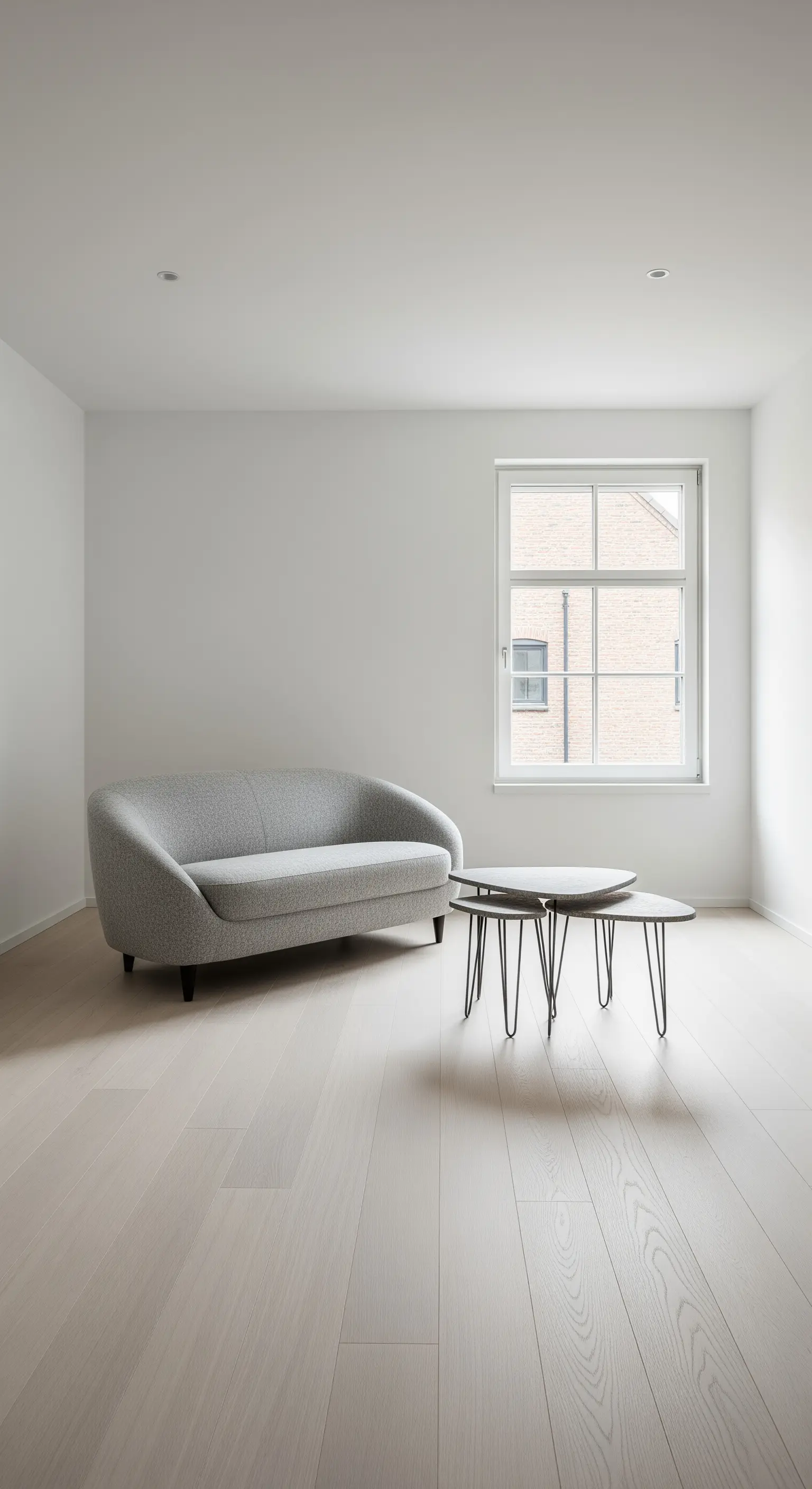 Fast leerer Raum mit hellem Holzboden, einem kleinen grauen Sofa und drei Beistelltischen