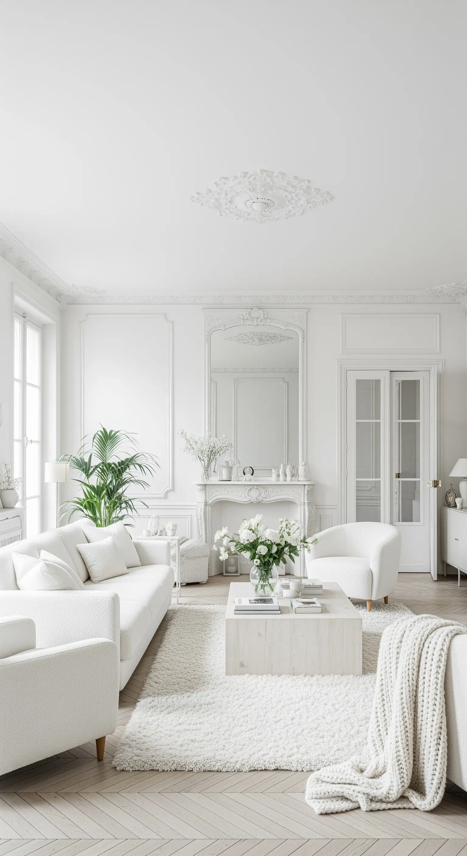 Helles Wohnzimmer komplett in Weiß- und Cremetönen mit Fokus auf verschiedene Texturen.