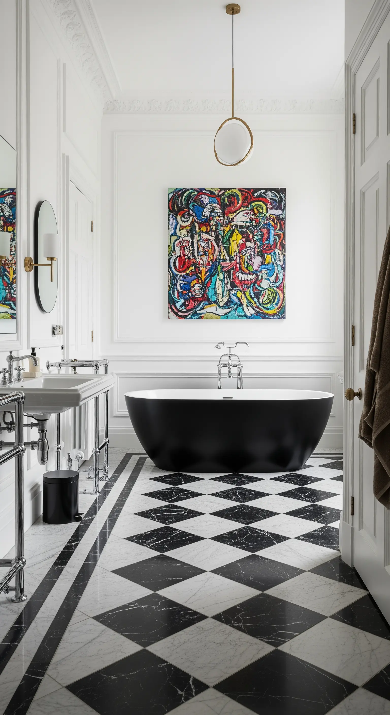 Schwarze Badewanne vor einer weißen Wand mit einem großen, farbenfrohen abstrakten Kunstwerk.