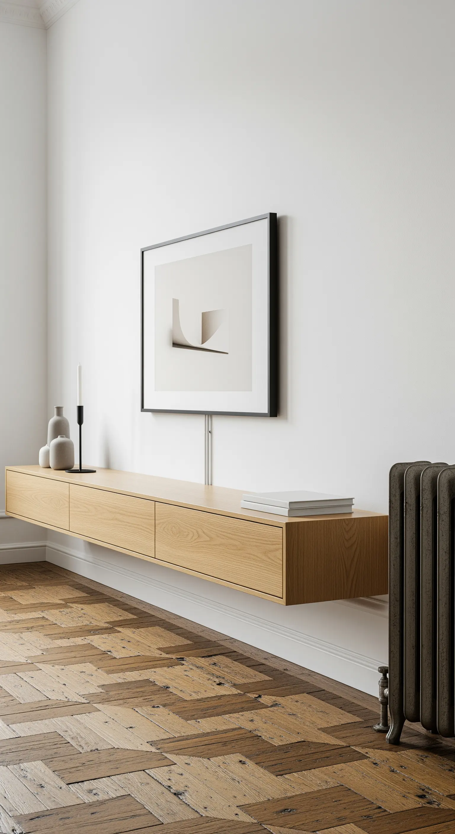 Ein an der Wand montierter Fernseher über einem schwebenden Sideboard aus Holz.