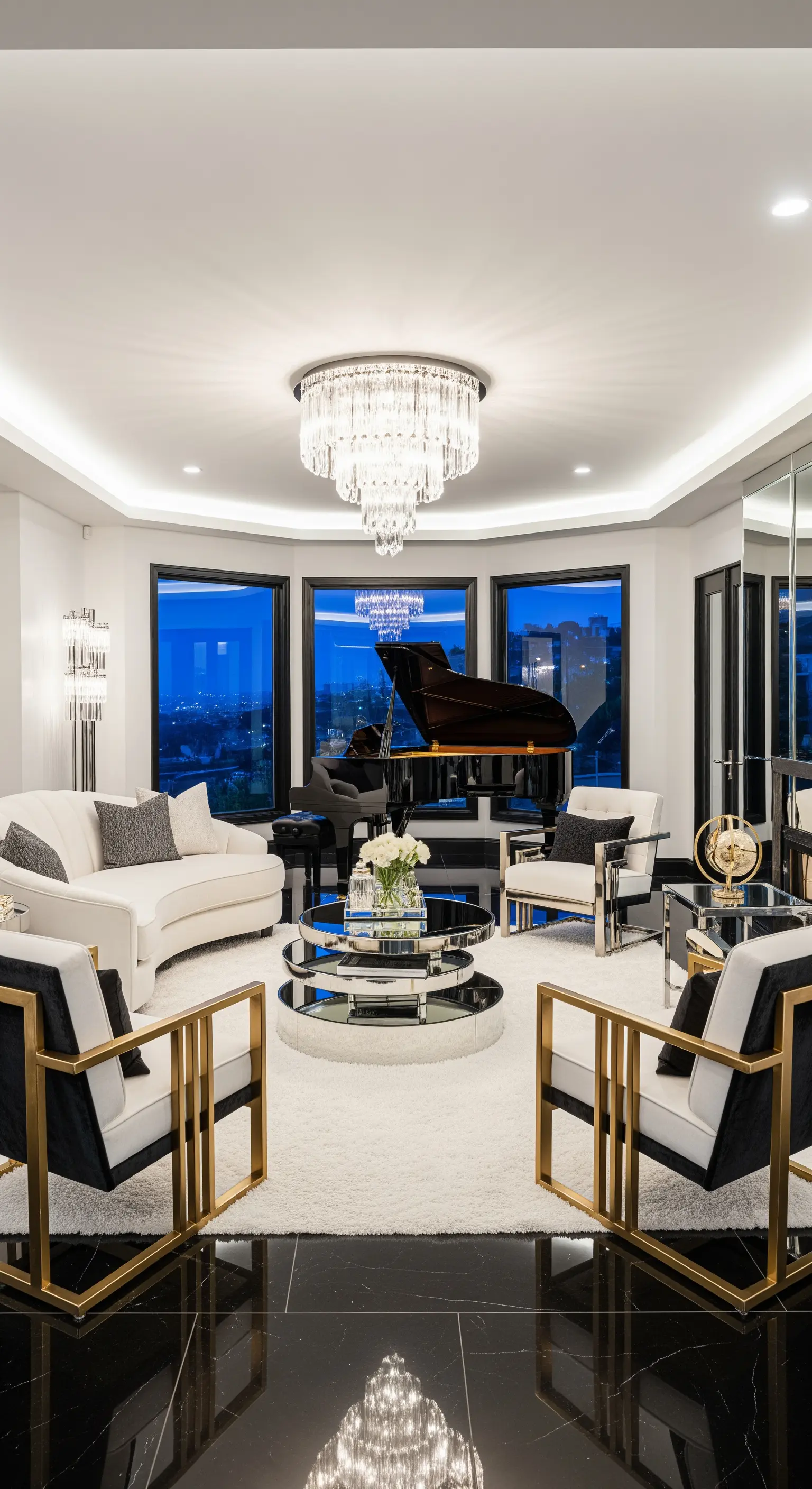 Luxuriöses Wohnzimmer in Schwarz, Weiß und Gold mit Kristall-Kronleuchter und Flügel.