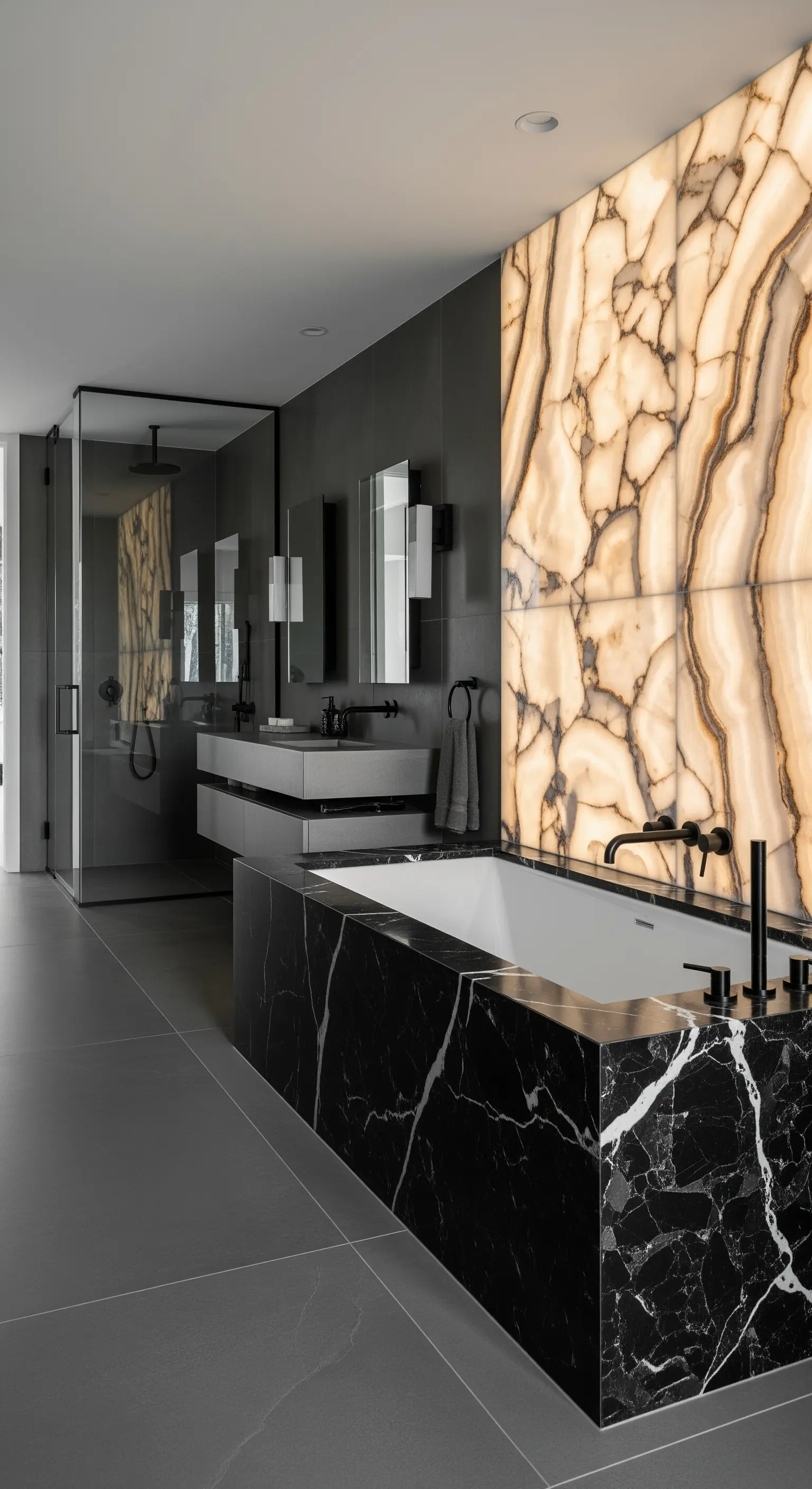 Badewanne aus schwarzem Marmor vor einer dramatisch hinterleuchteten Onyx-Wand