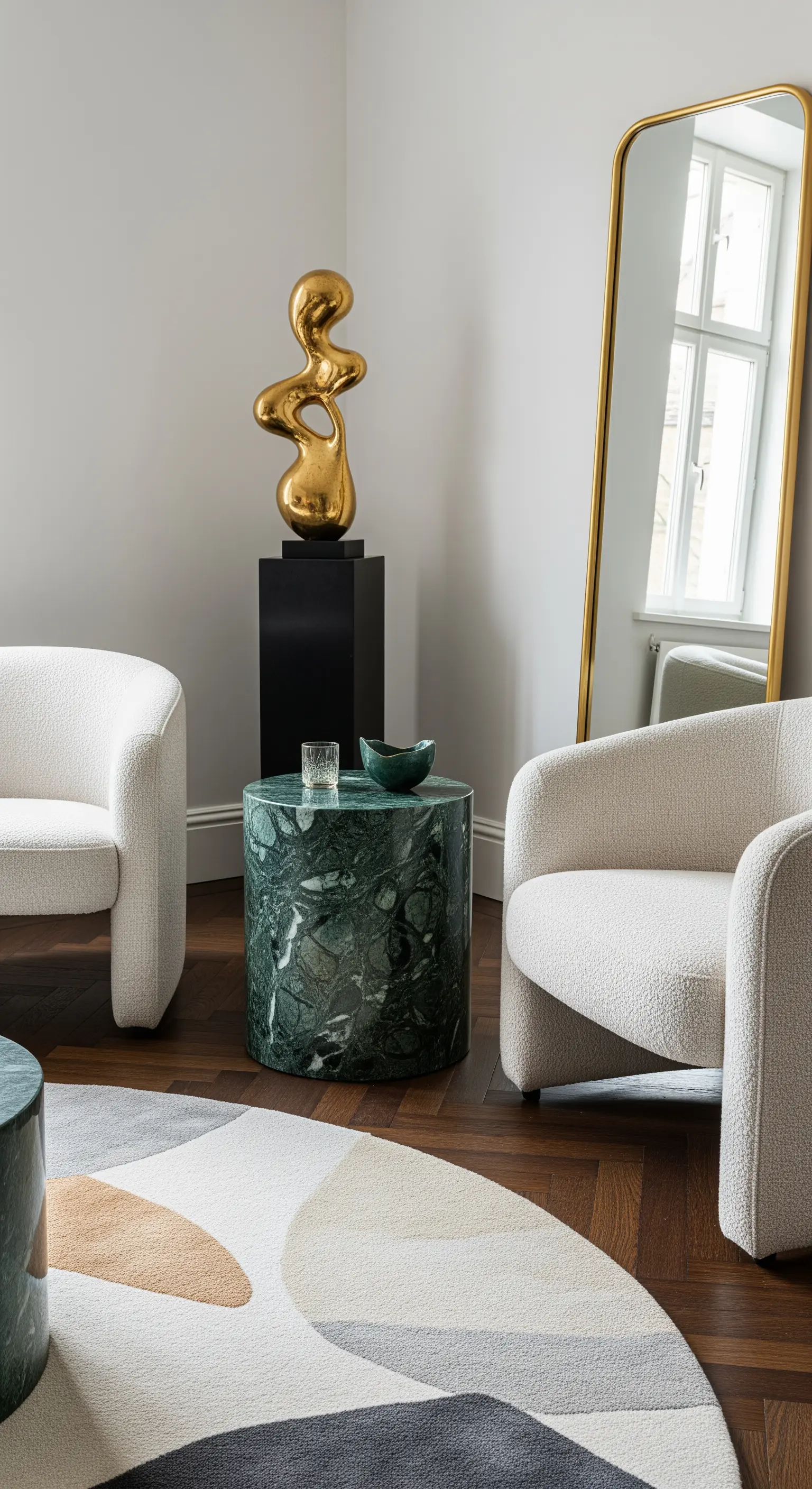 Leseecke mit Bouclé-Sesseln, grünem Marmortisch und goldener Skulptur.