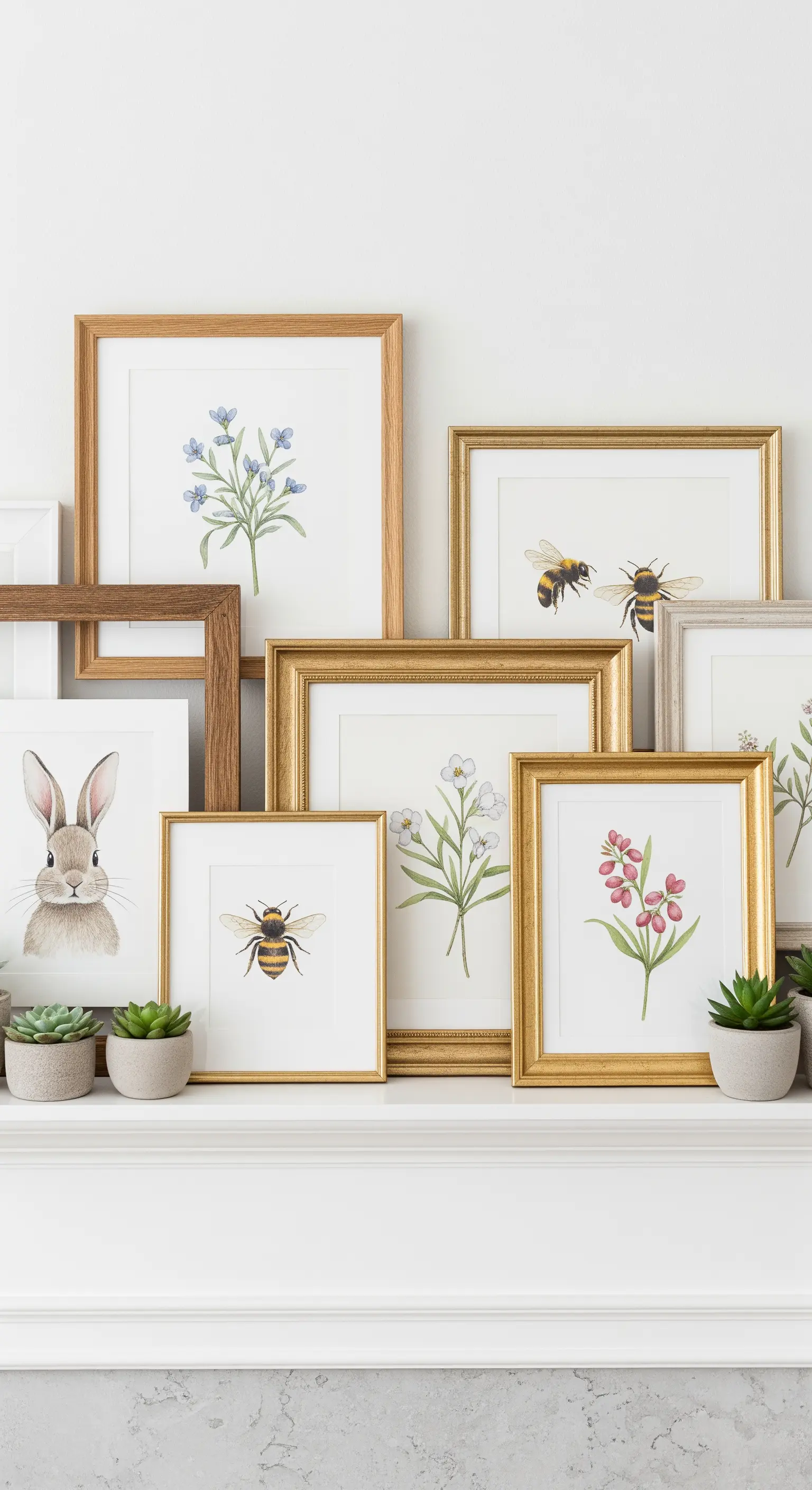 Eine Sammlung gerahmter Bilder mit Frühlingsmotiven auf dem Kaminsims.