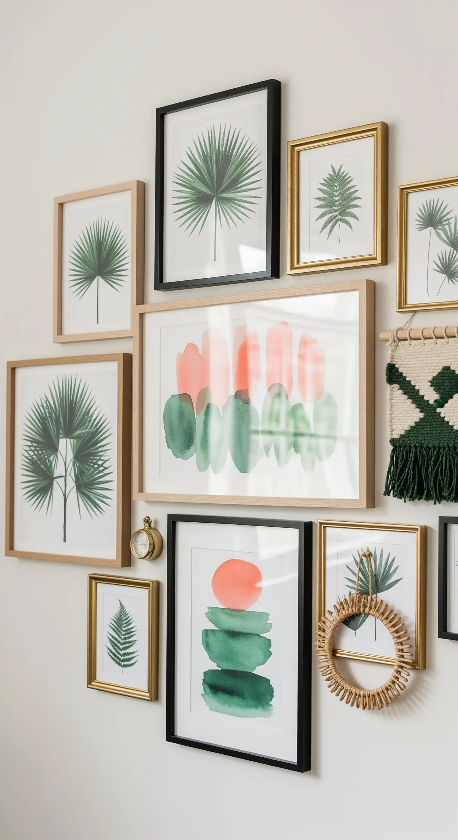 Bilderwand mit Palmen-Motiven und abstrakter Kunst