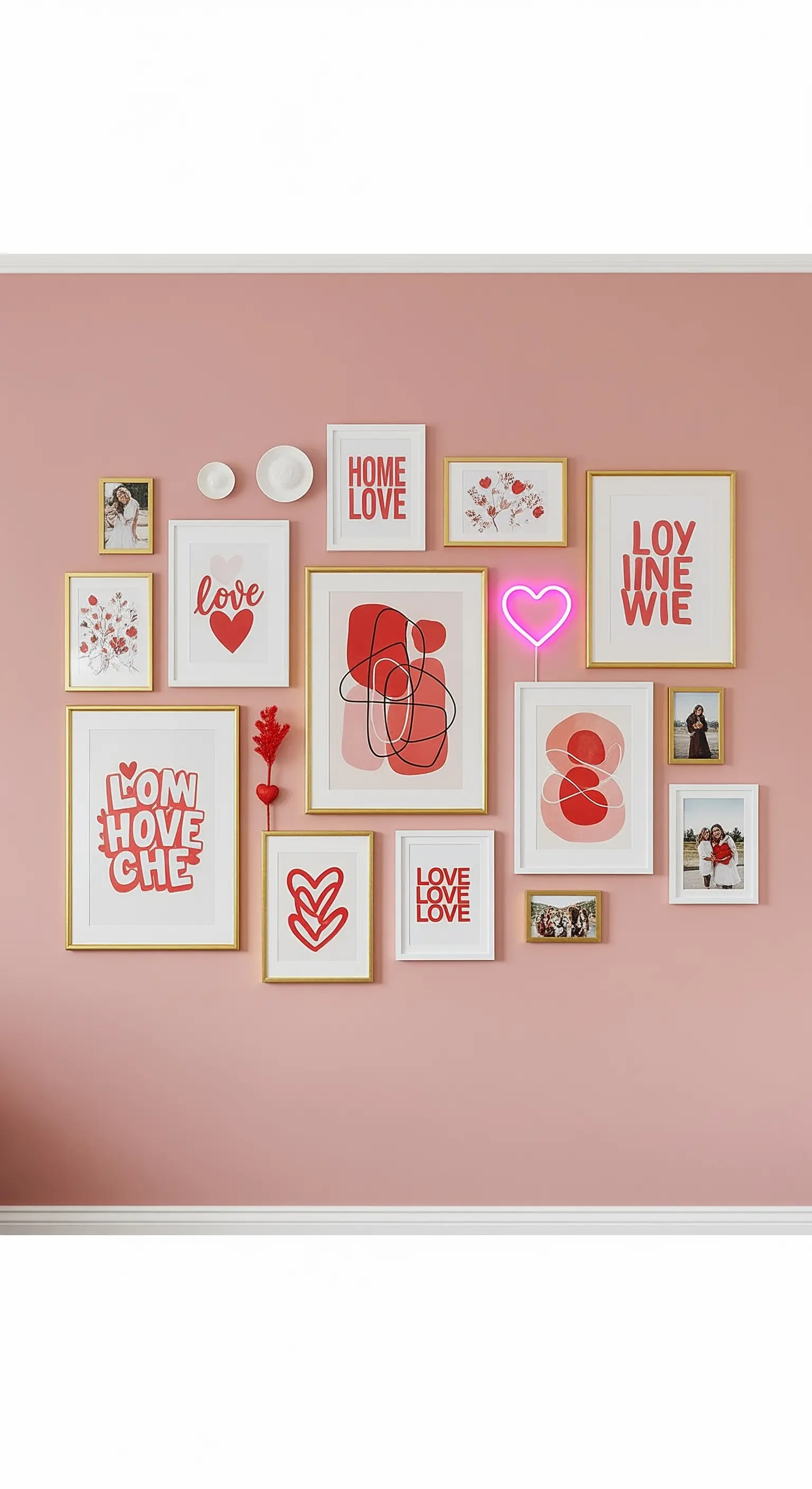 Galerie-Wand an einer rosa Wand mit roten und goldenen Akzenten und einem Neon-Herz.