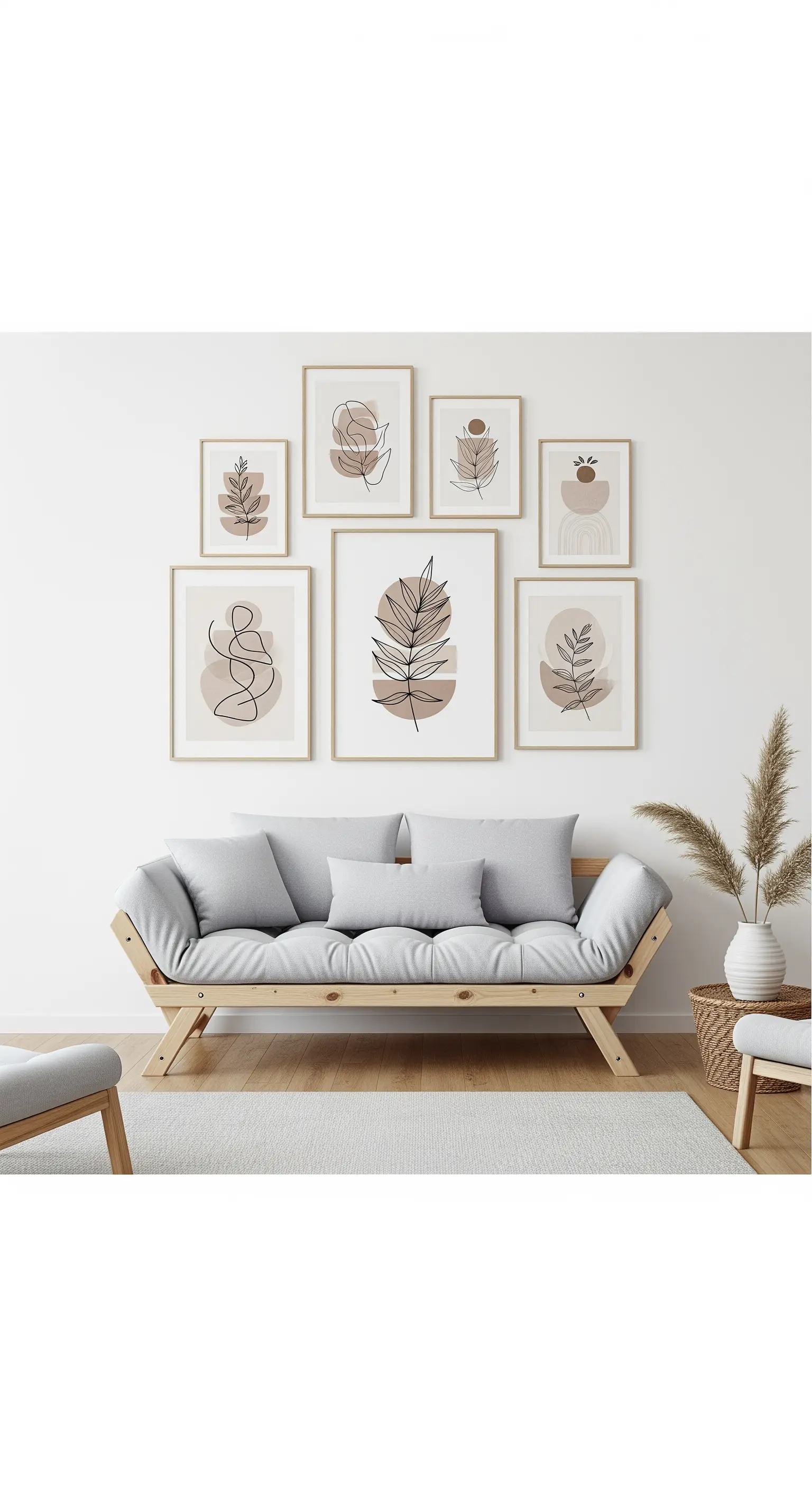 Bilderwand mit Line-Art-Postern in Holzrahmen über einem grauen Sofa.