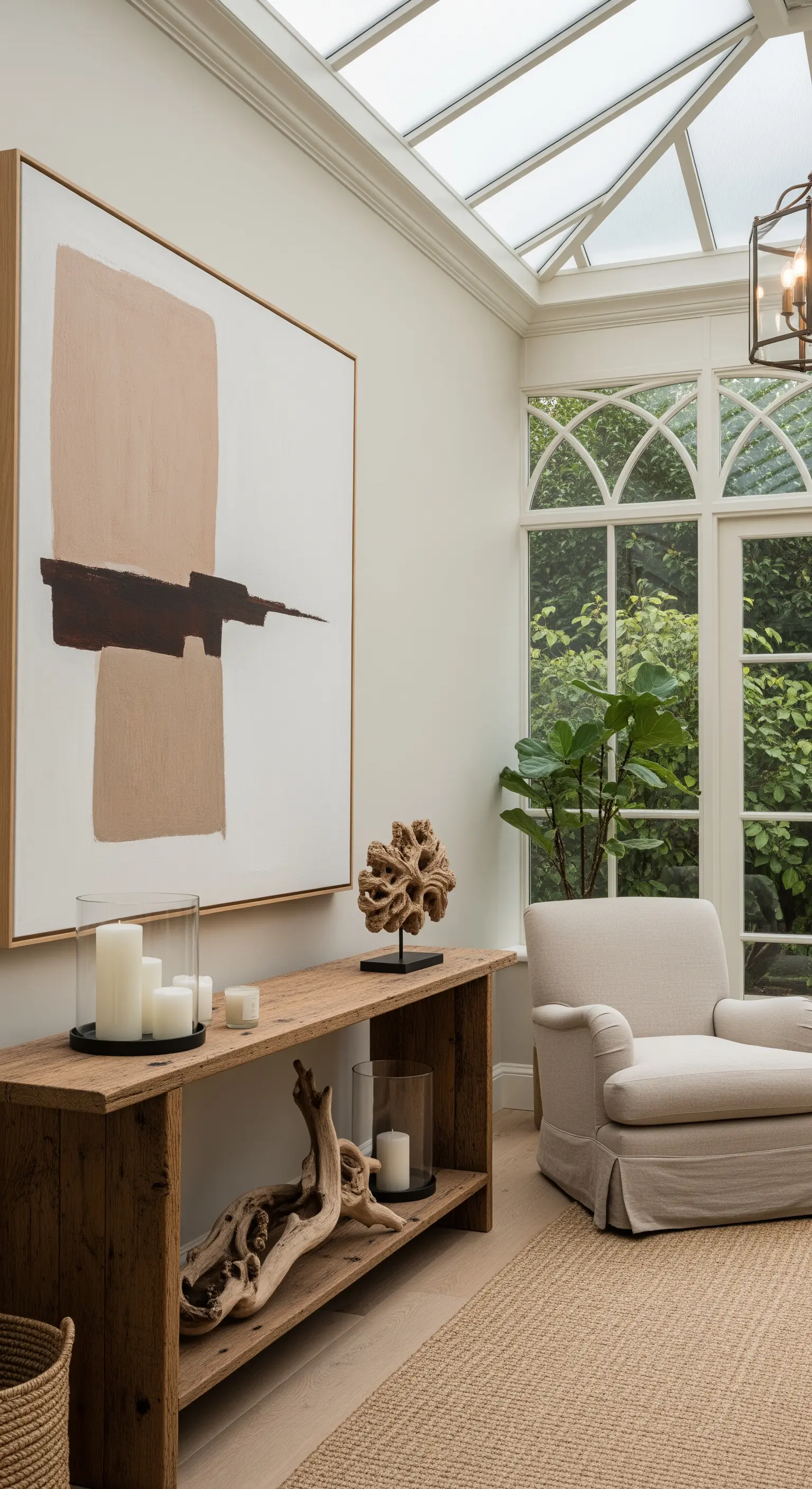 Holzkonsolentisch mit abstrakter Kunst, Treibholz und Kerzen dekoriert.