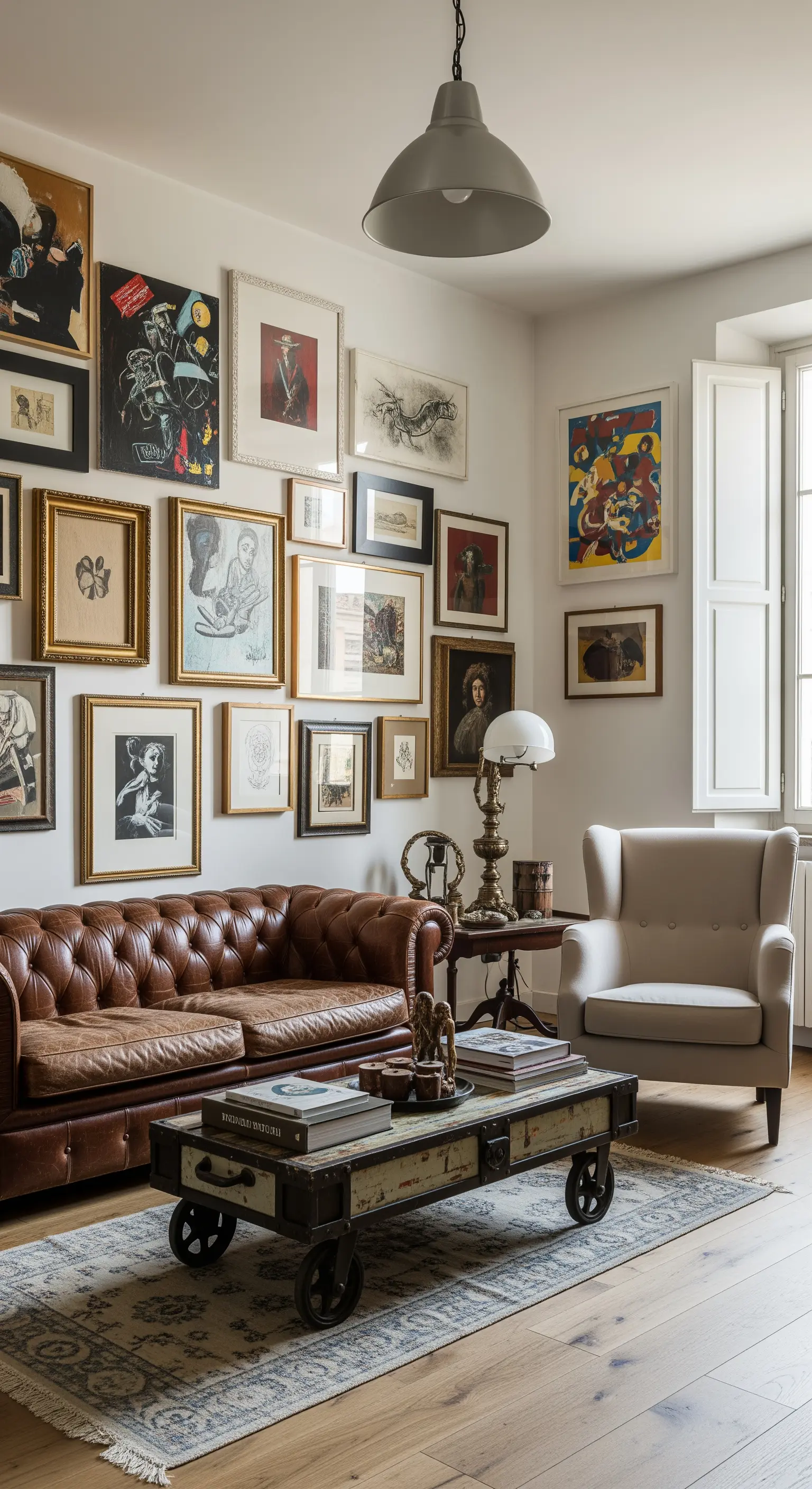 Wohnzimmer mit einer dichten Gallery Wall über einem braunen Ledersofa und einem industriellen Couchtisch.