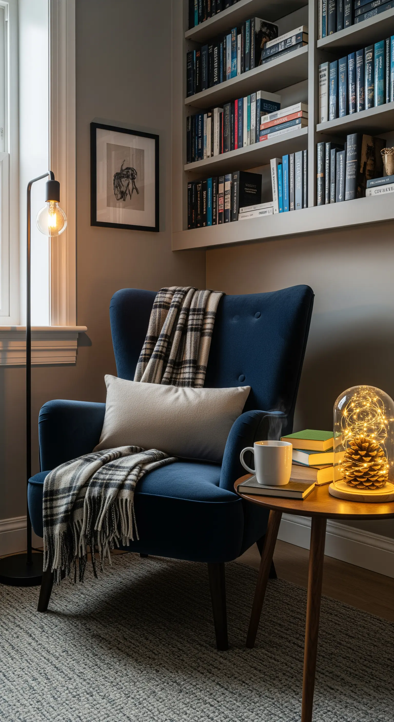 Gemütliche Leseecke mit Sessel, Stehlampe und einer leuchtenden Glaskuppel auf dem Beistelltisch.