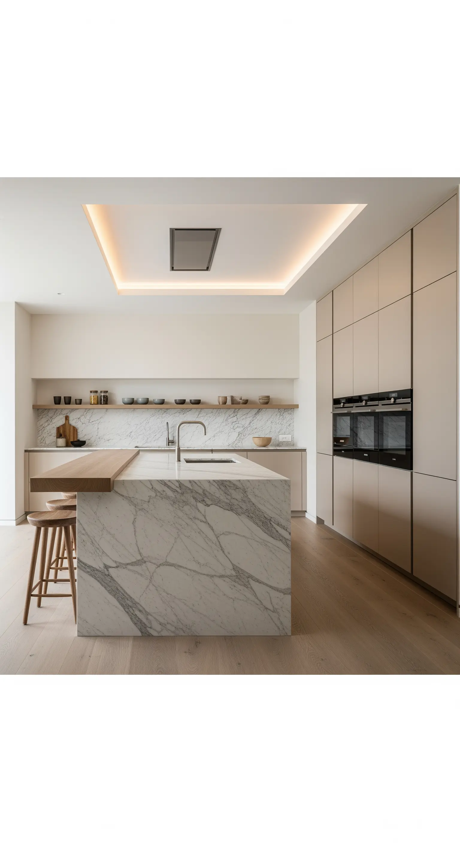 Moderne Küche mit einer einzelnen, marmorverkleideten Nische als kuratierter Akzent