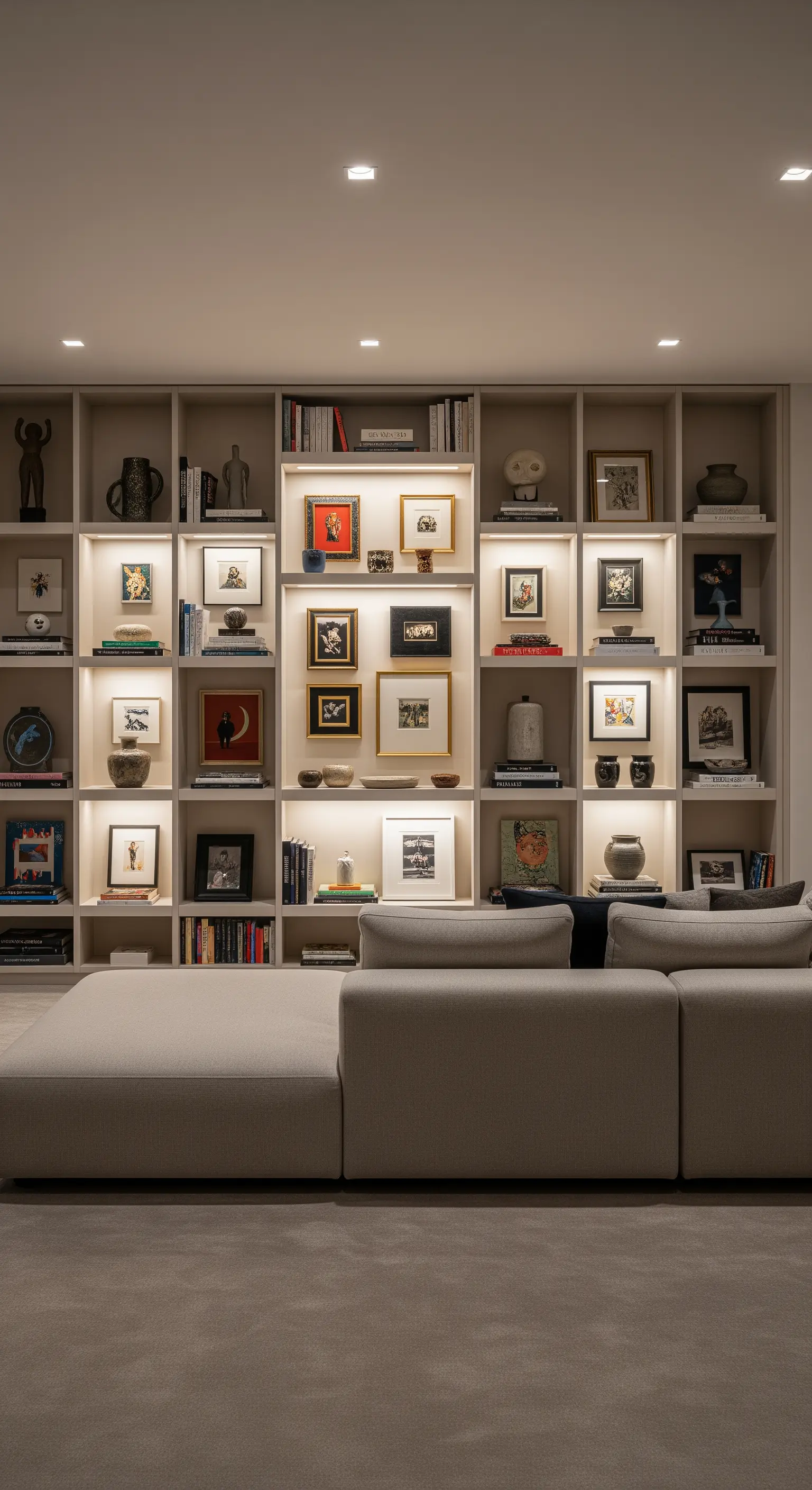 Ein großes, eingebautes Bücherregal mit integrierter Beleuchtung, das Kunst, Bücher und Keramik ausstellt.