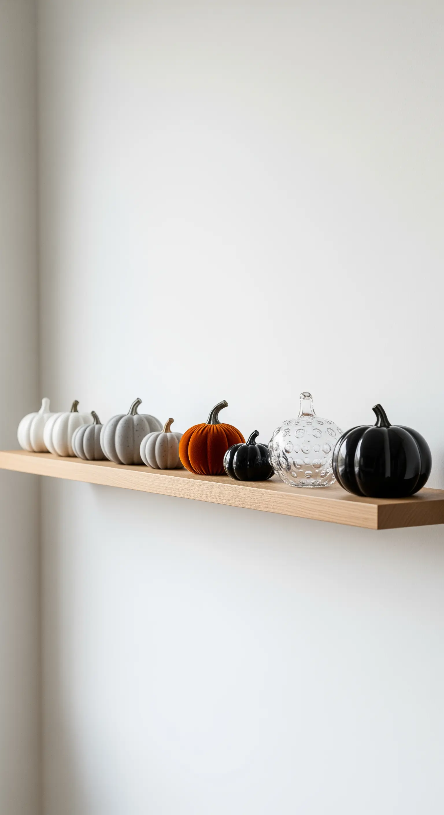 Ein minimalistisches Regal mit einer Reihe von Kürbissen in verschiedenen Stilen.