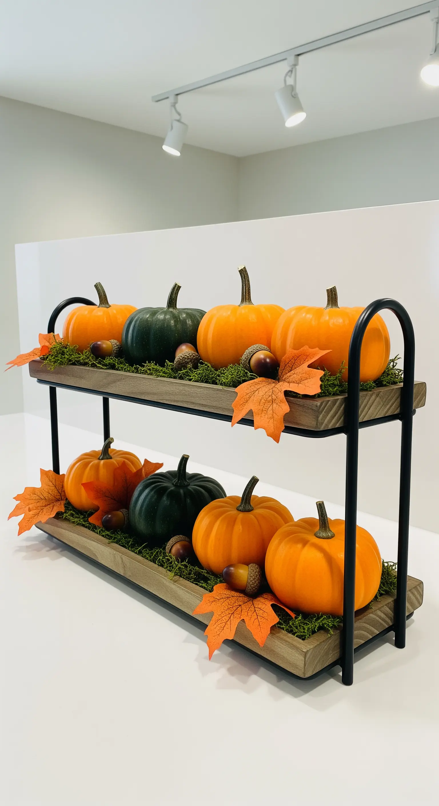 Lange zweistöckige Etagere mit aufgereihten Kürbissen auf Moos