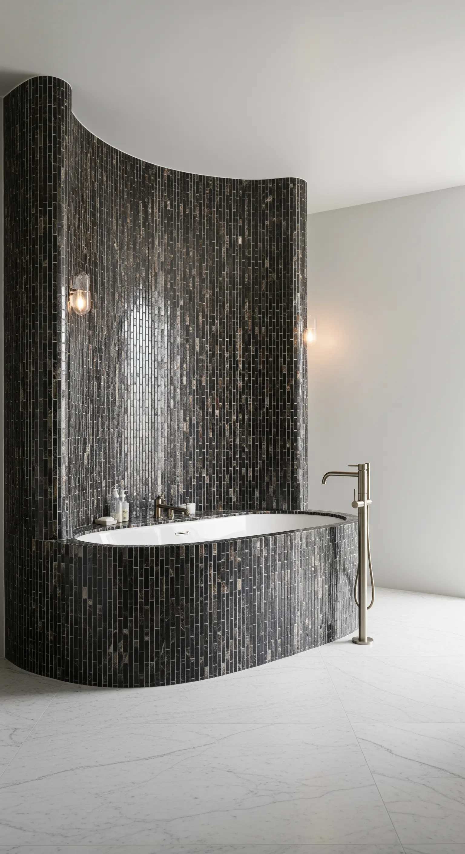 Geschwungene Badezimmerwand und Badewanne, verkleidet mit kleinen, dunklen Mosaikfliesen.