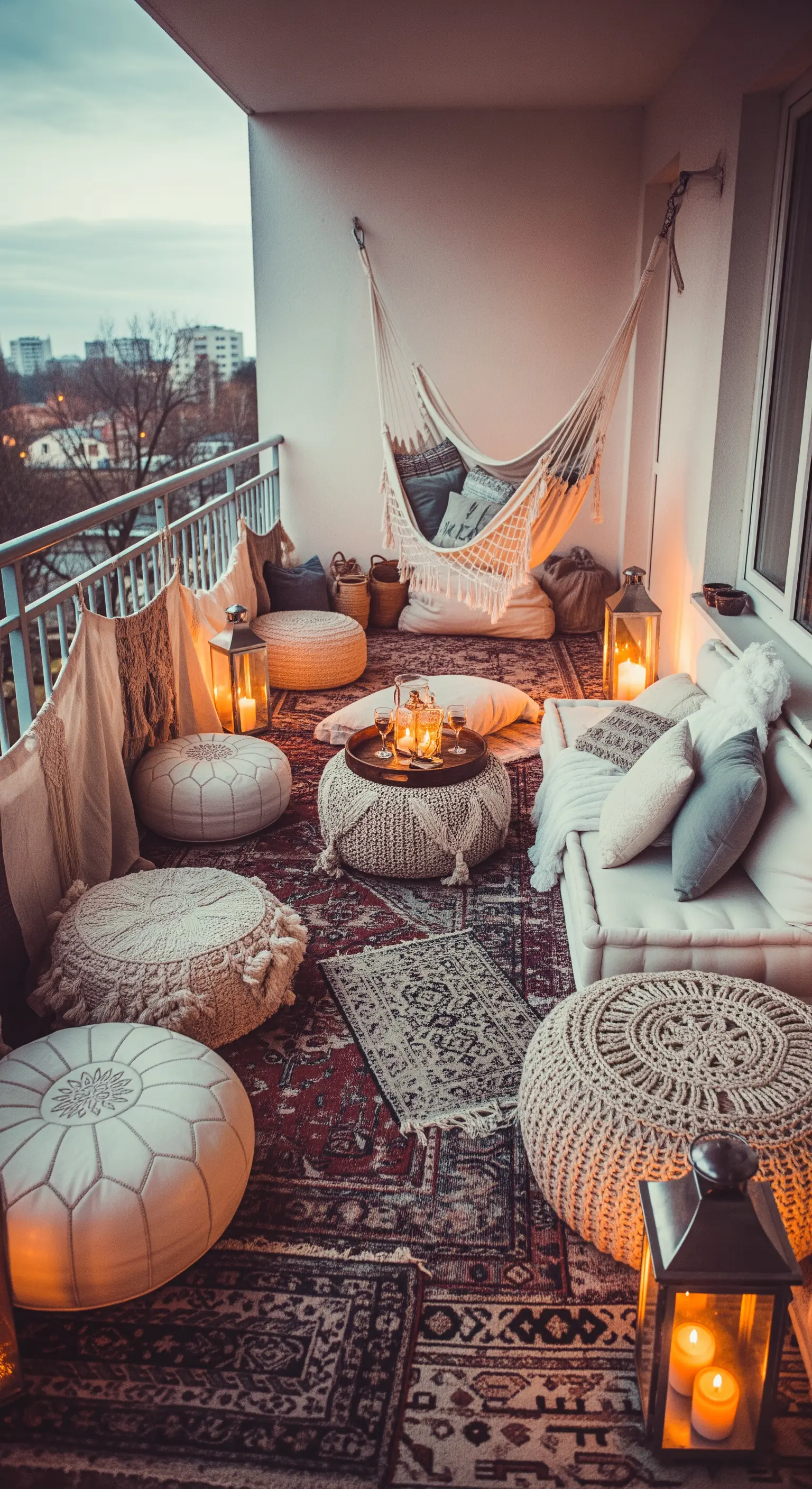 Boho-Balkon als Lounge mit Teppichen, Bodenkissen und marokkanischen Poufs