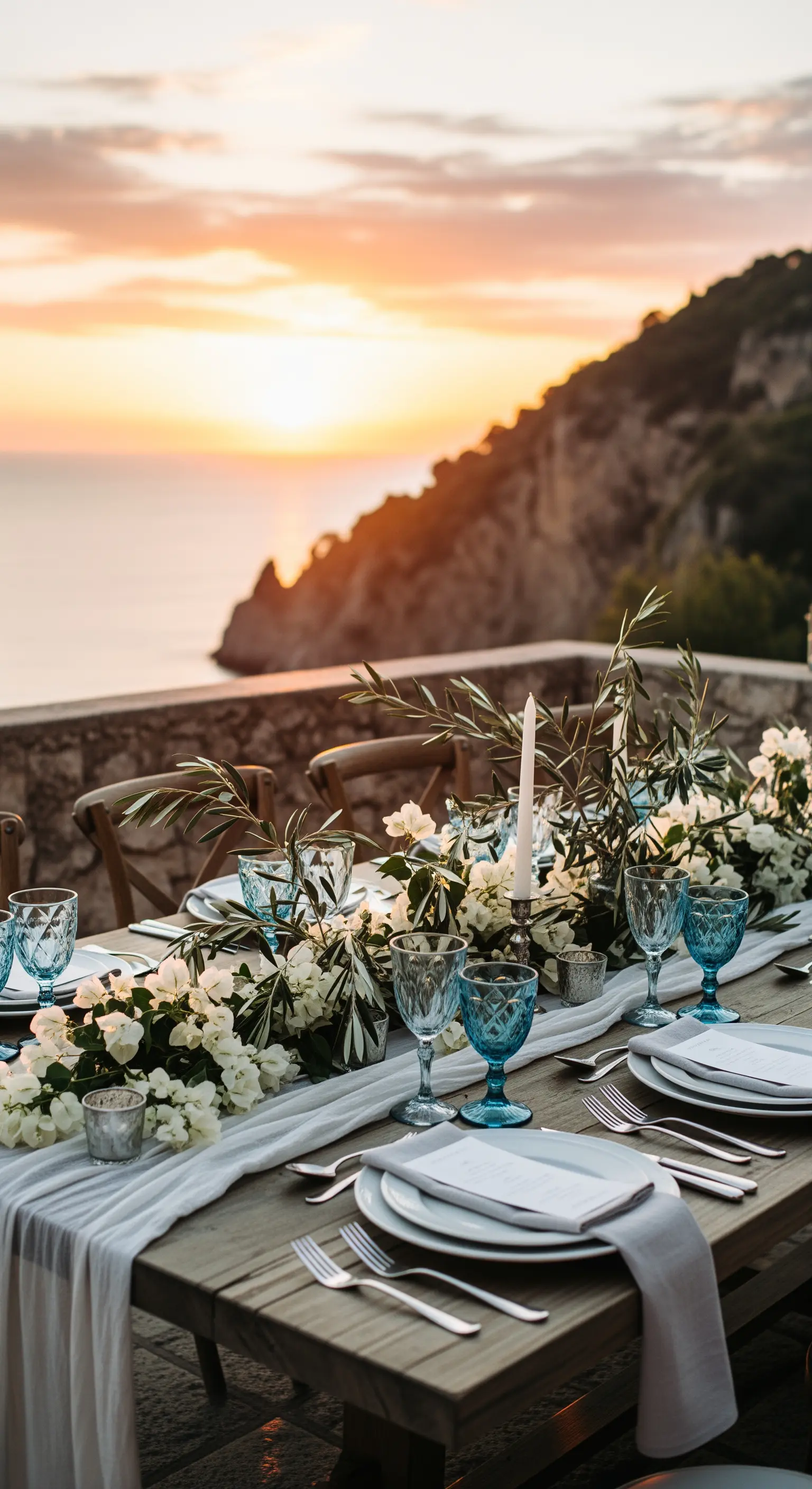 Tischdeko am Meer bei Sonnenuntergang mit blauen Wassergläsern und einer Girlande aus Olivenzweigen