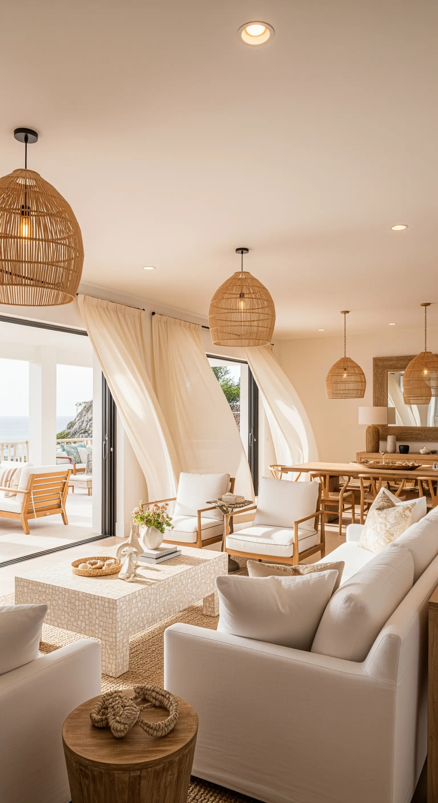 Helles Wohnzimmer im Küstenstil mit wehenden weißen Vorhängen und Rattan-Lampen.