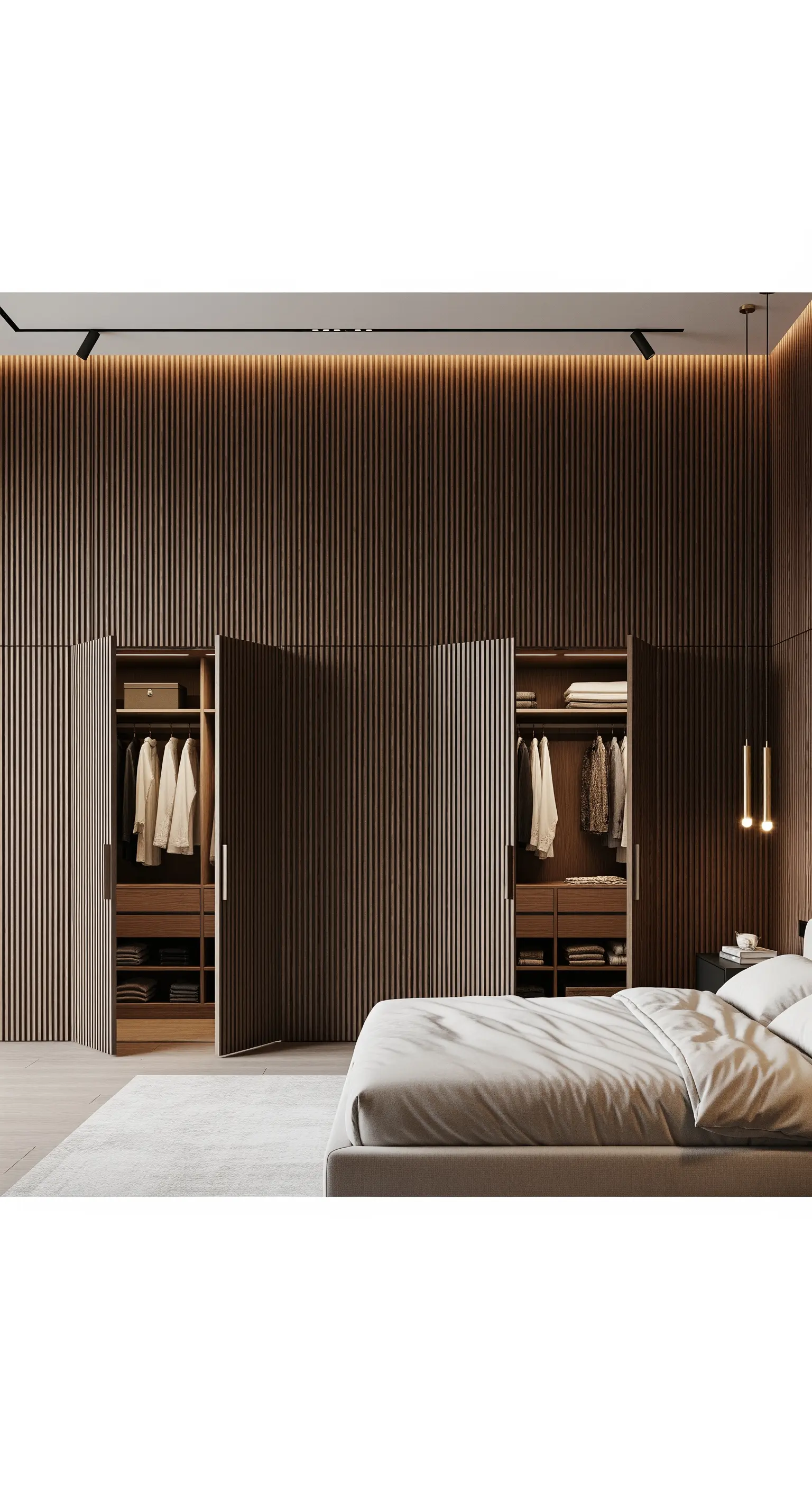 Schlafzimmer mit einer kompletten Wand aus dunklen Holzlamellen und unsichtbaren Schranktüren.
