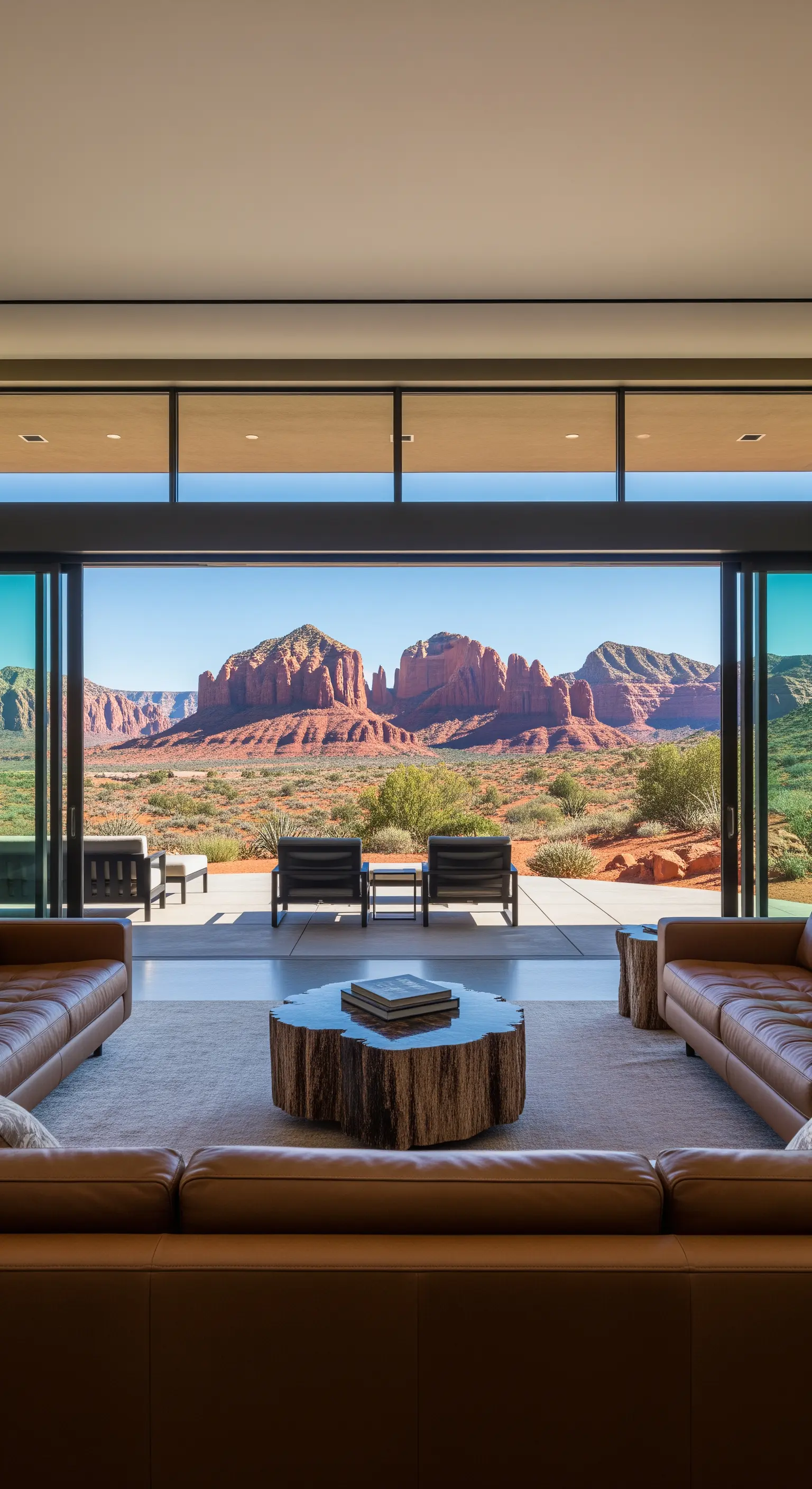 Wohnzimmer mit riesiger offener Glasfront und Blick auf die roten Felsen von Sedona.