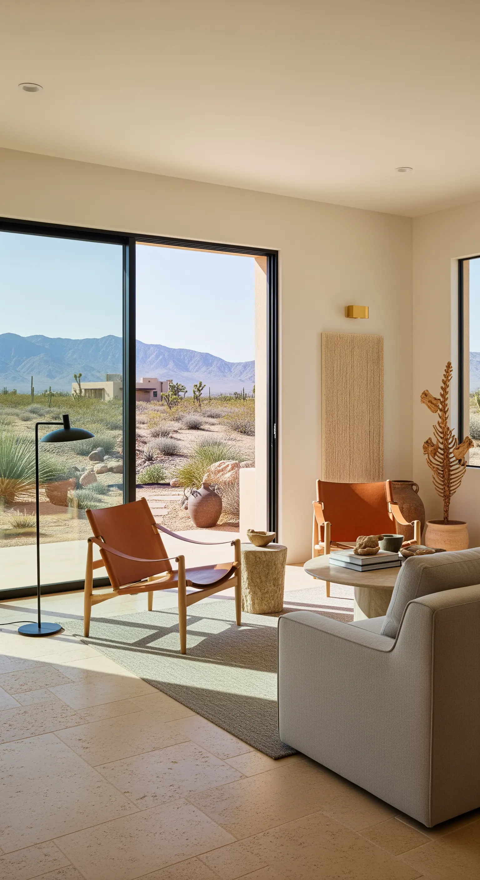 Wohnzimmer mit Blick auf eine Wüstenlandschaft, eingerichtet mit Leder, Stein und Keramik.
