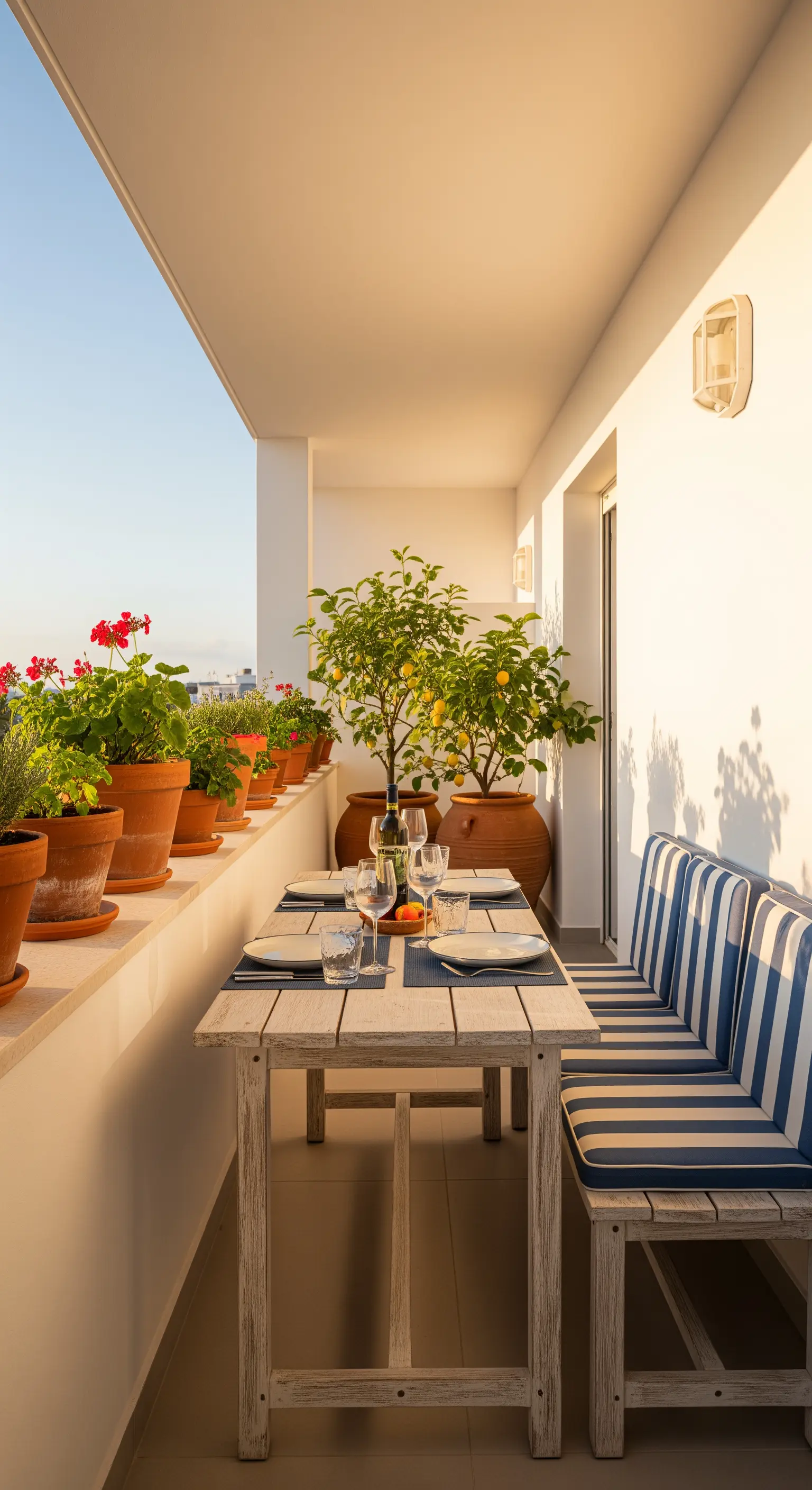 Schmaler mediterraner Balkon mit Holztisch, blau-weiß gestreifter Bank und Terrakottatöpfen.