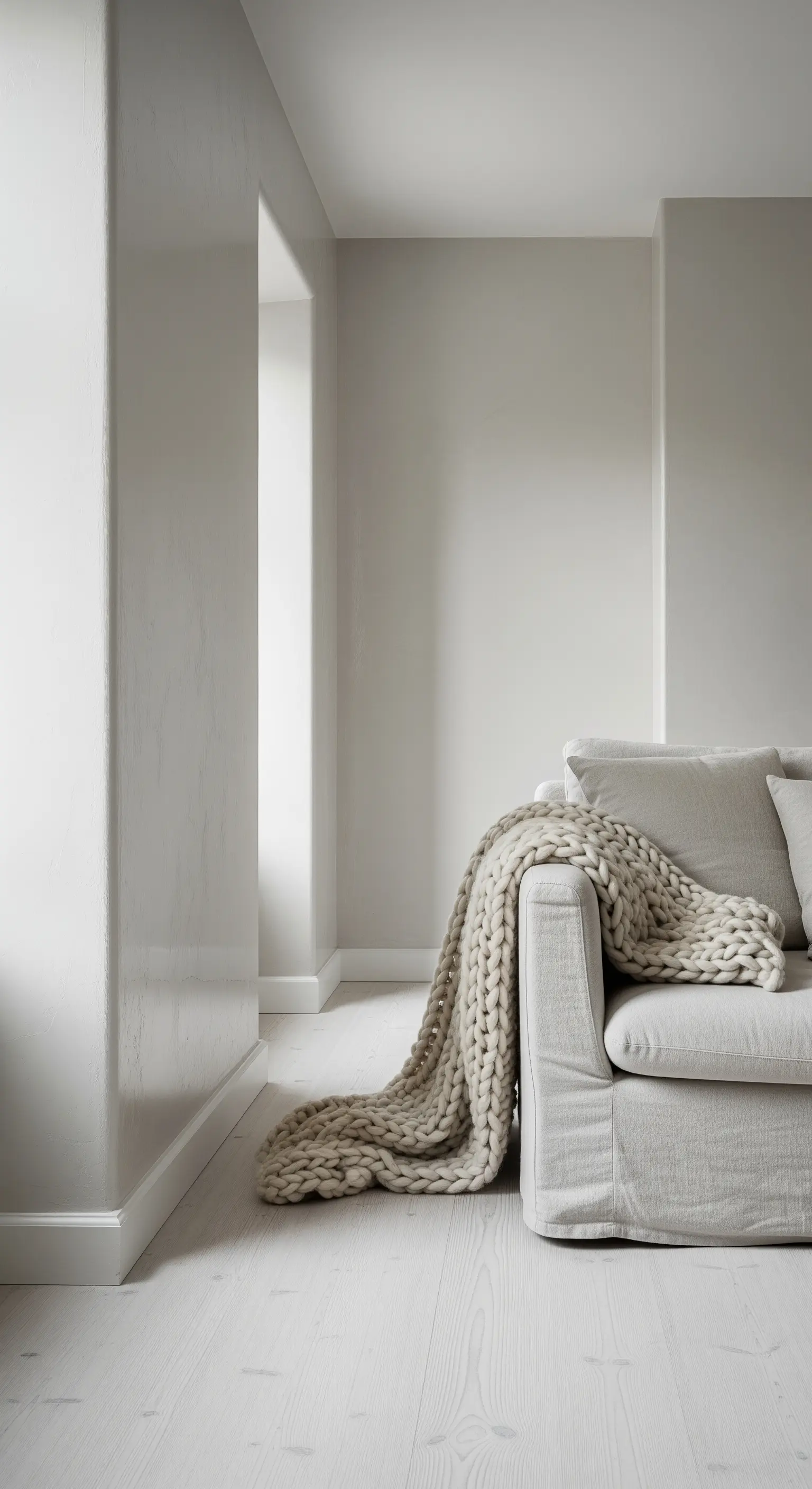 Minimalistisches, helles Wohnzimmer, in dem eine große, grob gestrickte Decke lässig über dem Sofa liegt.