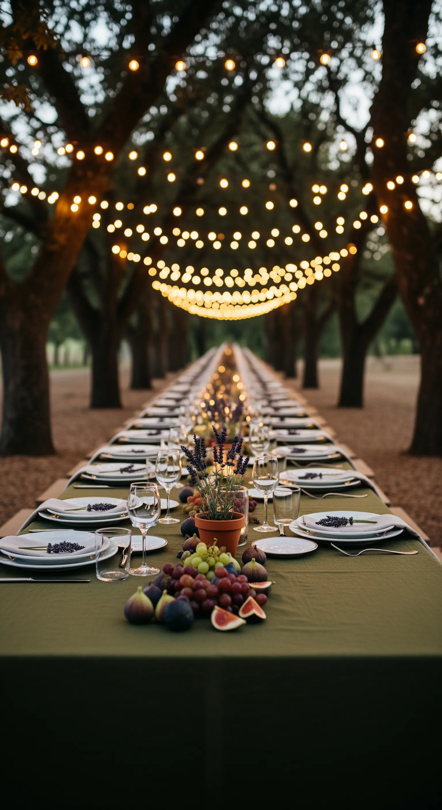 Lange Tafel im Freien mit olivgrüner Tischdecke, Lavendeltöpfen und Lichterketten-Himmel