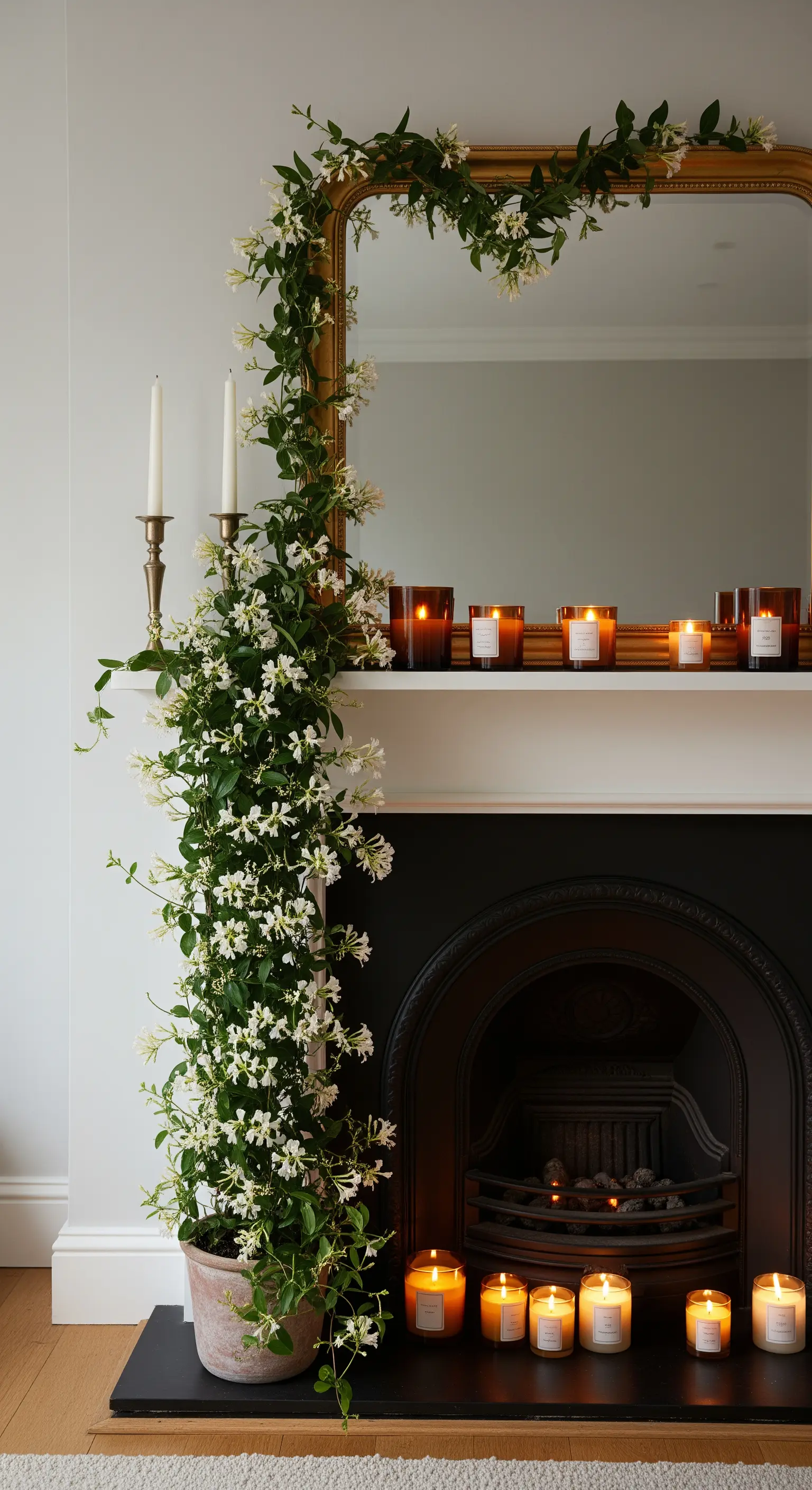Eine Jasmin-Kletterpflanze rankt sich elegant um einen goldenen Spiegel über dem Kamin