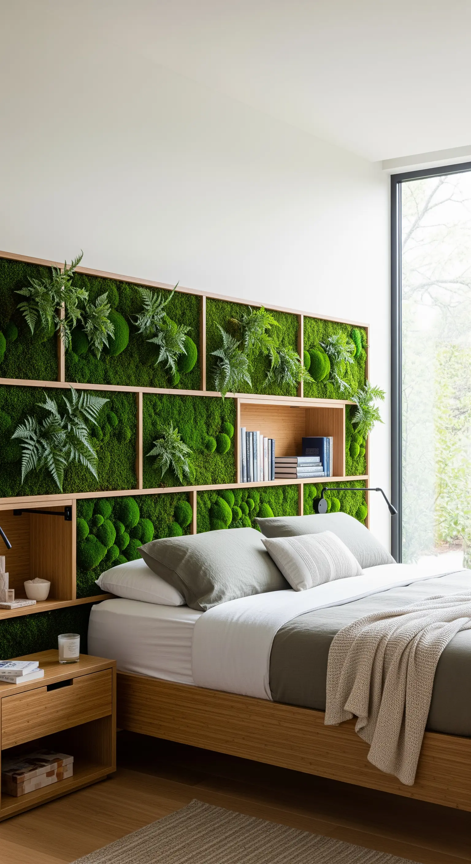 Modernes Schlafzimmer mit einer lebenden Mooswand als Kopfteil und integrierten Holzregalen.