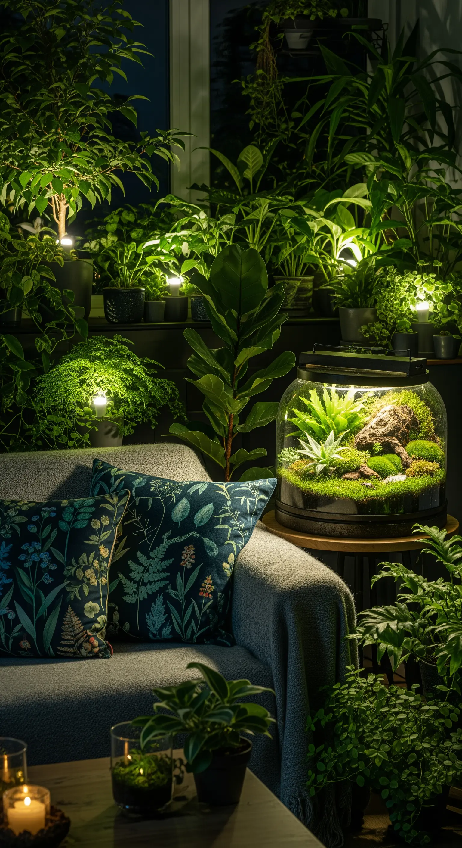 Eine Ecke im Wohnzimmer, gefüllt mit beleuchteten Zimmerpflanzen und einem leuchtenden Terrarium.