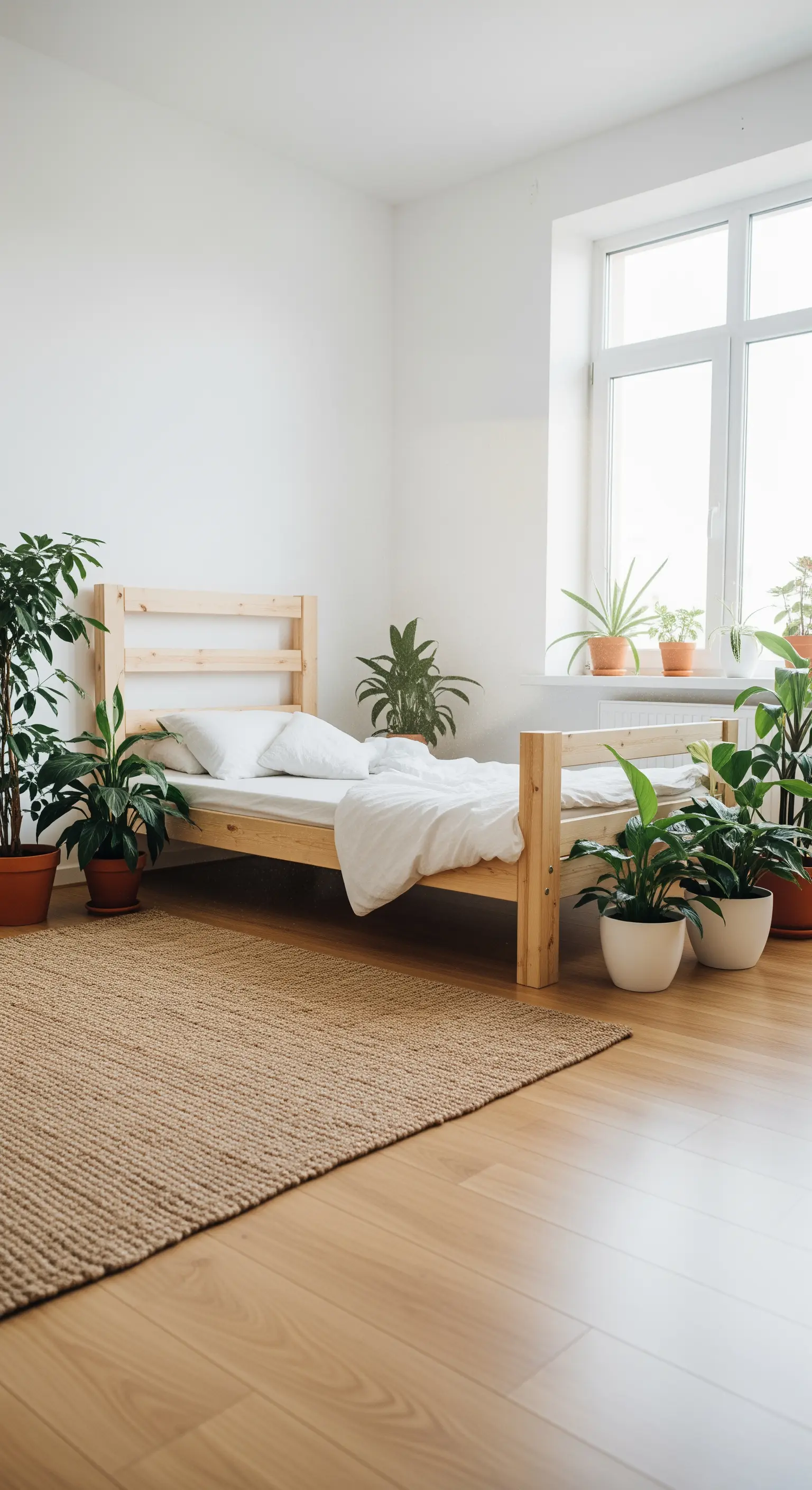 Helles Schlafzimmer mit einem Holzbett, Jute-Teppich und vielen grünen Zimmerpflanzen.