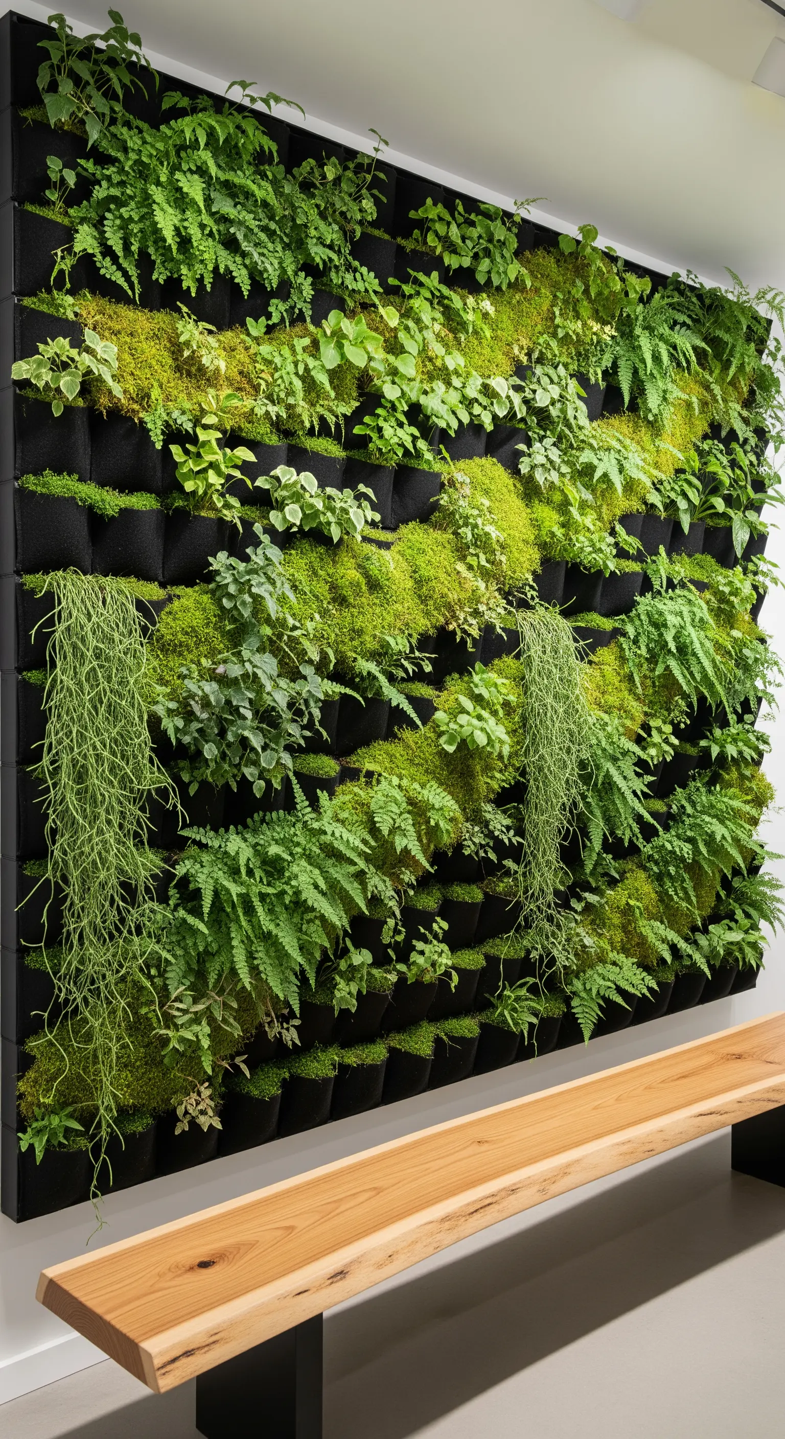 Üppig bepflanzte vertikale Gartenwand mit Farnen, Moos und Hängepflanzen vor einer Holzbank