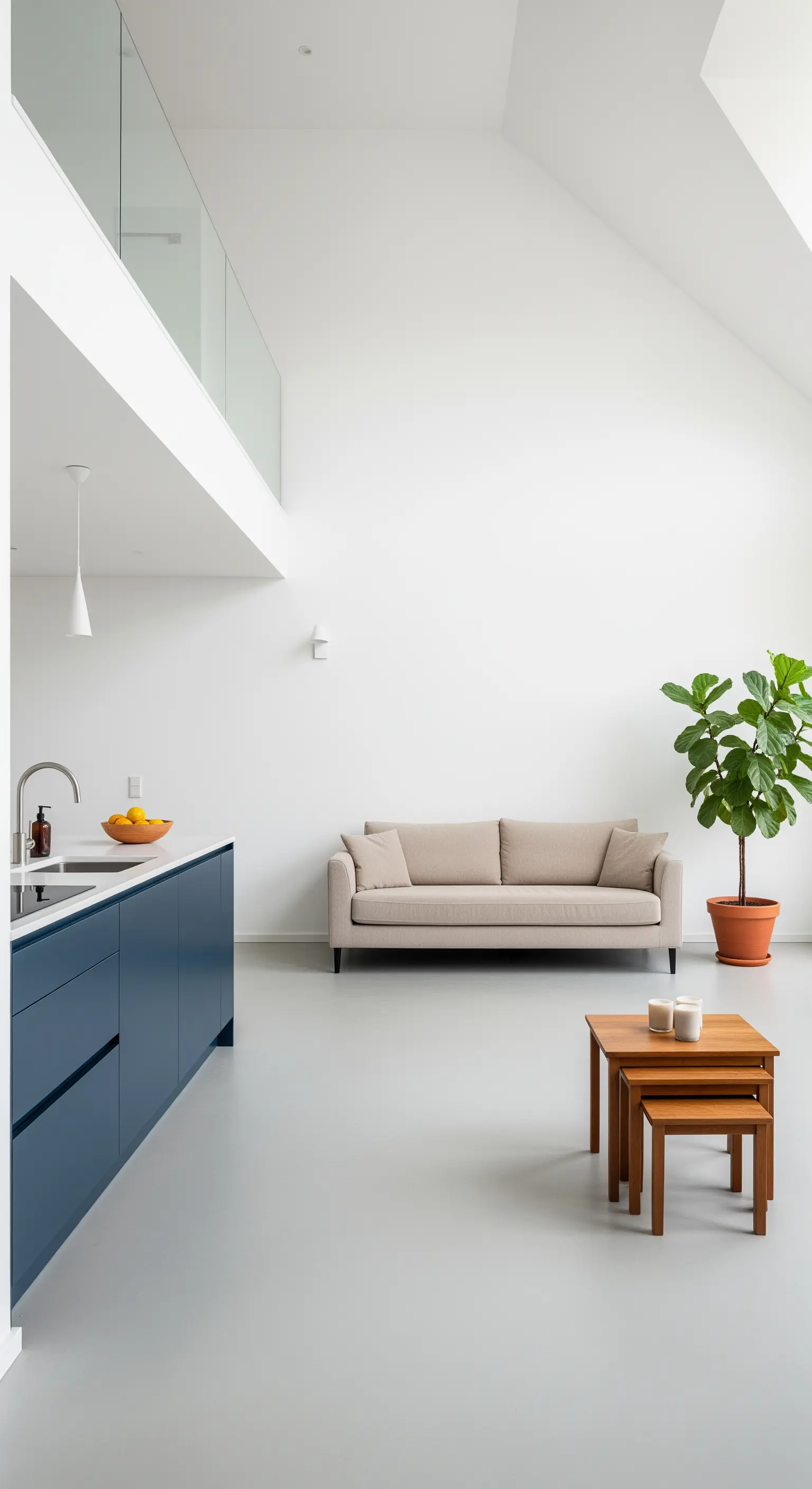 Große Geigenfeige als einziger Akzent in einem weißen, minimalistischen Wohnraum.